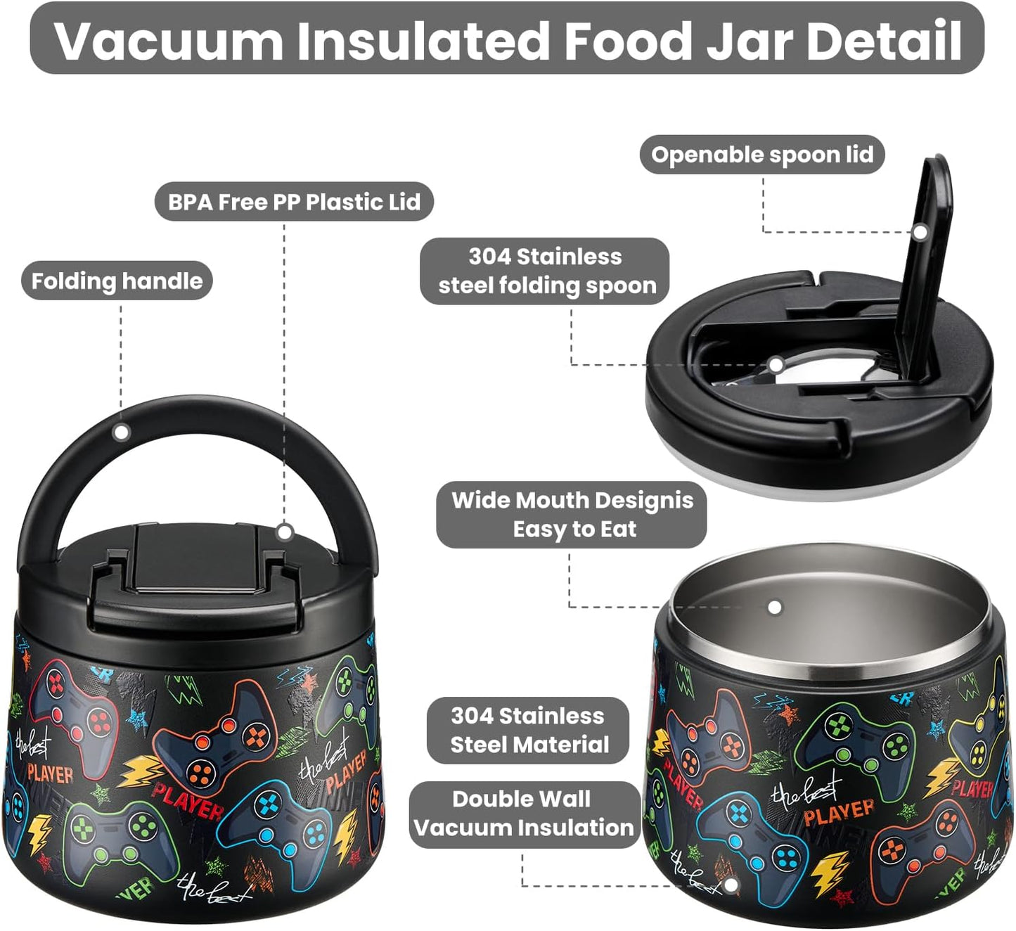 14oz Insulated Vacuum Food Jar with Buckle Lid,Soup Thermo for Hot Food Kids,Wide Mouth Leakproof Stainless Steel Lunch Container with Spoon-Black Game