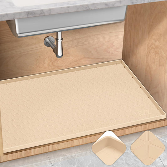 TRZZ Silicone Waterproof Under Sink Mat 28" x 22", Drip Tray and Cabinet Liner for Kitchen and Bathroom, Prevents Water Damage and Organizes Cabinets (Beige)