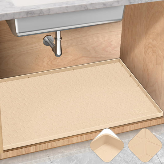 TRZZ Silicone Waterproof Under Sink Mat 34" x 22", Drip Tray and Cabinet Liner for Kitchen and Bathroom, Prevents Water Damage and Organizes Cabinets (Beige)