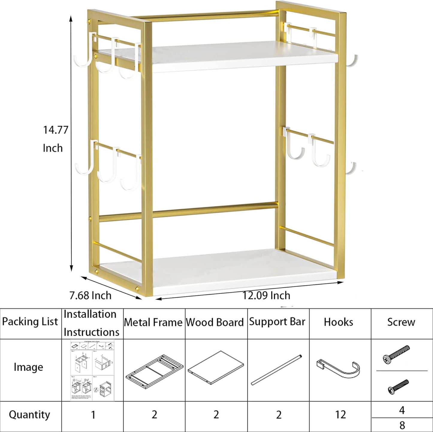 Dorhors 2 Tier Coffee Bar Accessories and Organizer,Multi-functional Mug Holder with 12 Hooks,Wood Coffee Station Organizer,Kitchen Countertop Shelf (Gold + White)