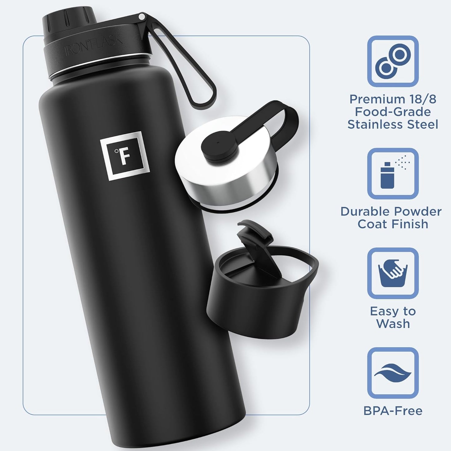 IRON °FLASK Camping & Hiking Hydration Flask with 3 Lids - Stainless Steel, Double Walled & Vacuum Insulated Water Bottle - Leak Proof & BPA Free (Morning Mist, Spout - 40 oz)