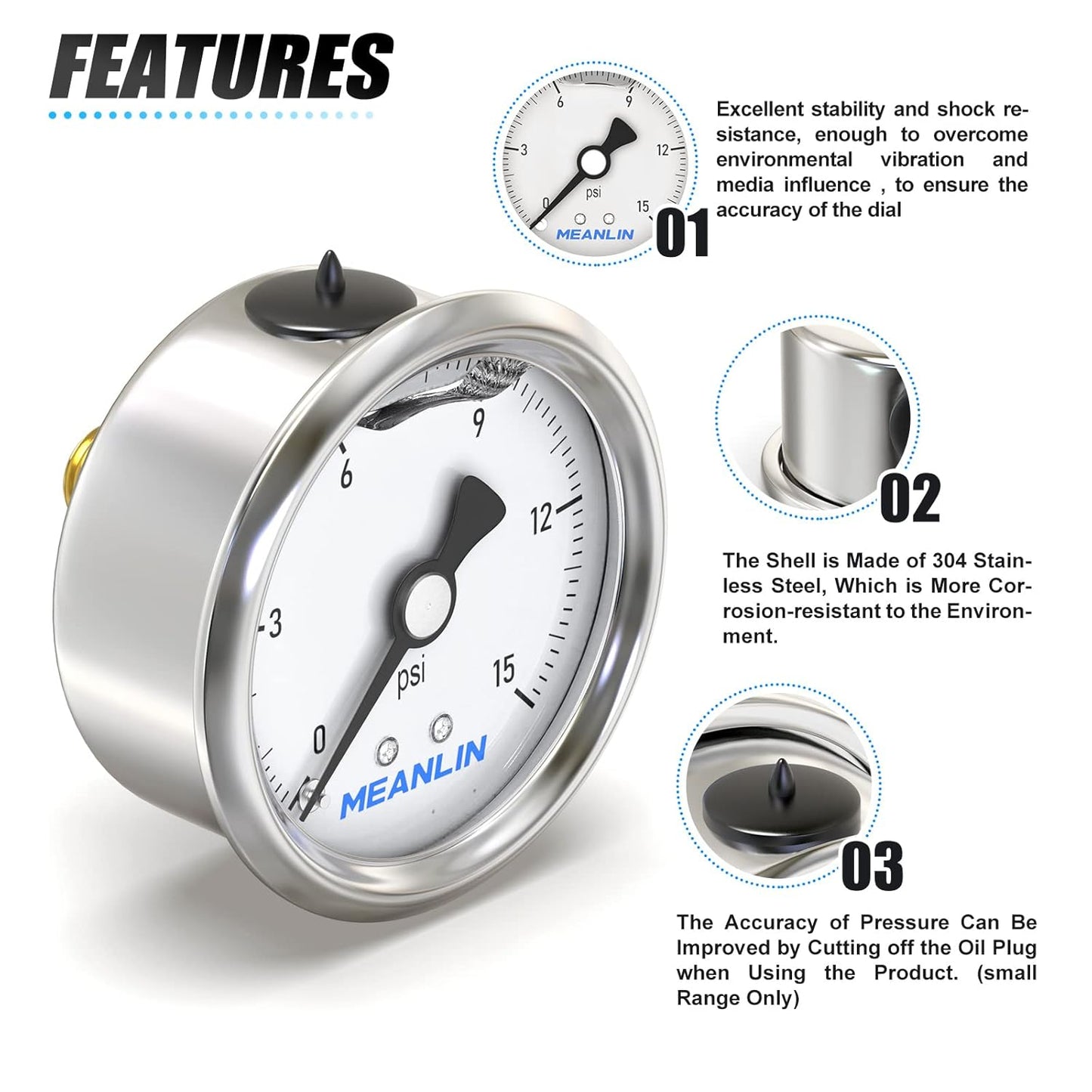 MEANLIN MEASURE 0~15Psi Stainless Steel 1/4" NPT 2.5" Single Scale FACE DIAL,Glycerin Filled Pressure Gauge, WOG Water Oil Air Back Mount, with 1/4" x 1/2" NPT and 1/4" x 3/8" NPT Hex Bushing