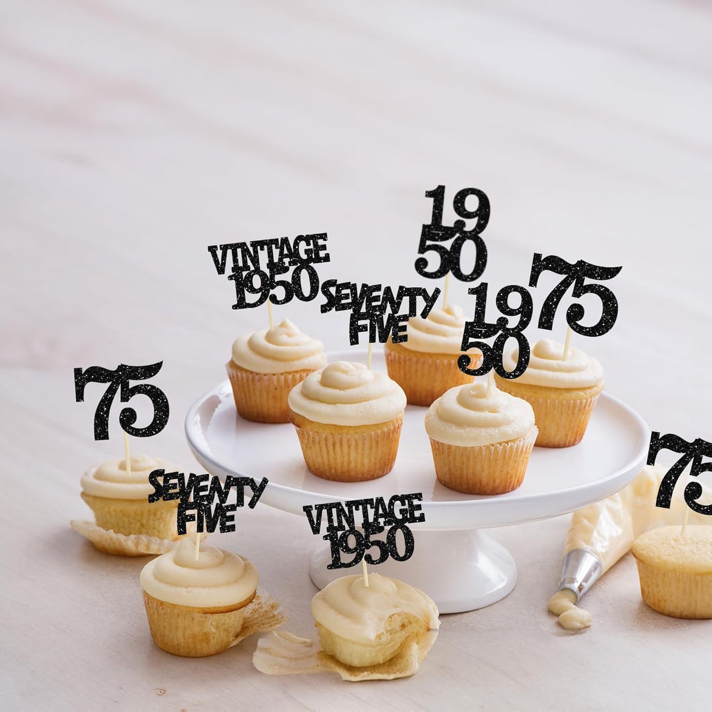 Gyufise 24Pcs Vintage 1950 Cupcake Toppers Glitter Cheers to 75 Fabulous Seventy Five Cupcake Picks 75th Birthday Wedding Anniversary Party Cake Decorations Supplies Black