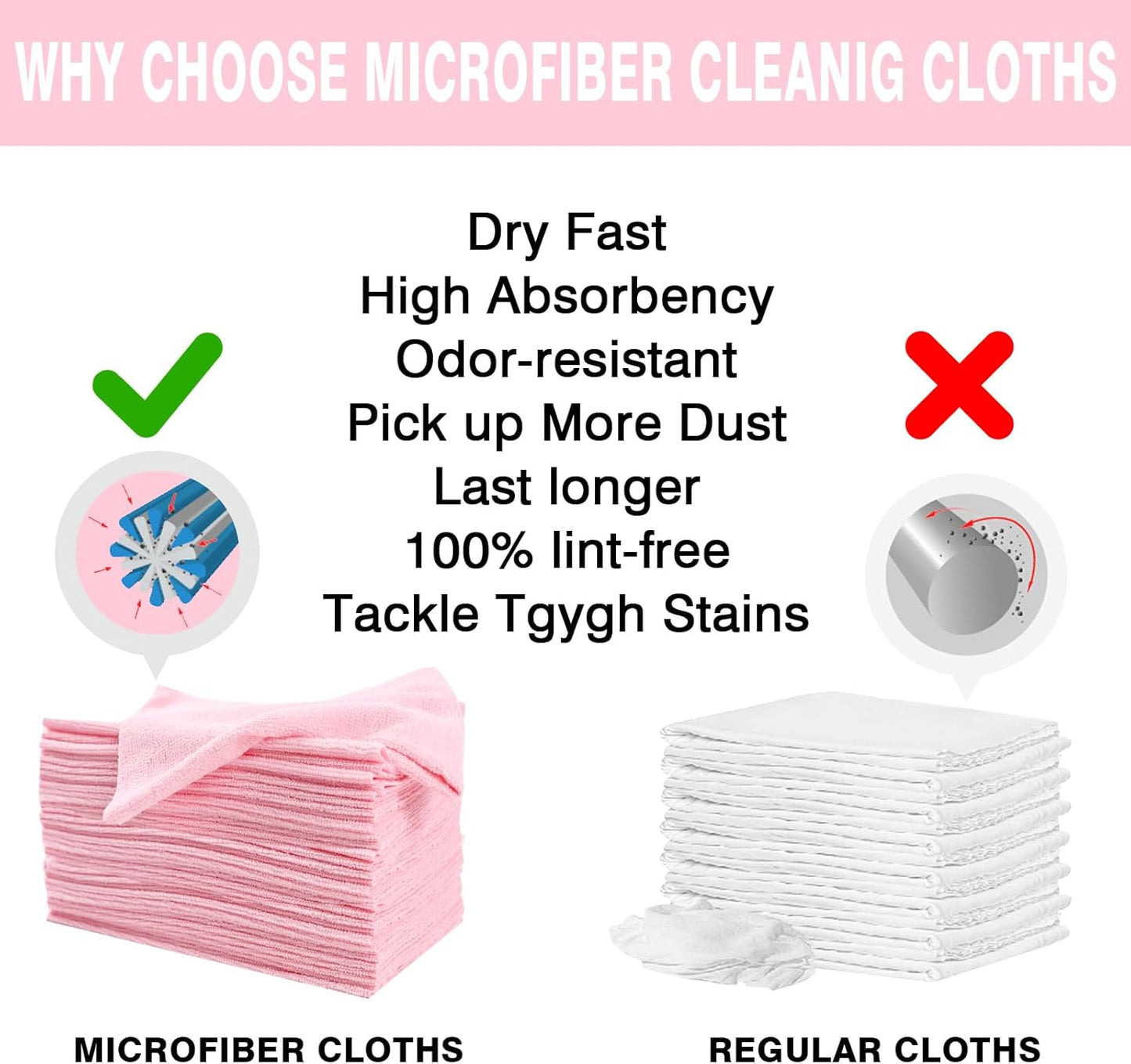 Microfiber Cloth Roll 75 Pack, 180GSM, Tear Away Microfiber Towels 12x12 Inch, Reusable Cleaning Rags for Car Detailing, Kitchen, Dishes, House Cleaning, Windows, Glass, Garage, Shop (Pink)