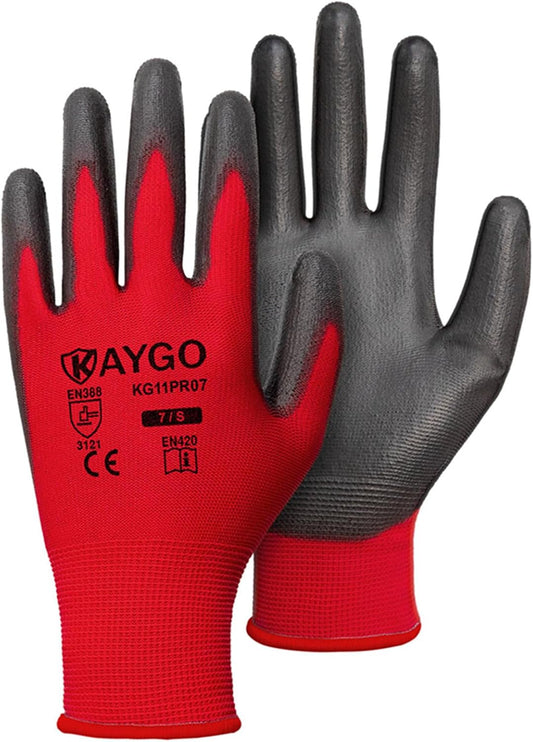 KAYGO Safety Work Gloves PU Coated-60 Pairs Seamless Knit Glove with Polyurethane Coated Smooth Grip on Palm & Fingers, for Men and Women, Ideal for General Duty Work, KG11PR (S,Red)