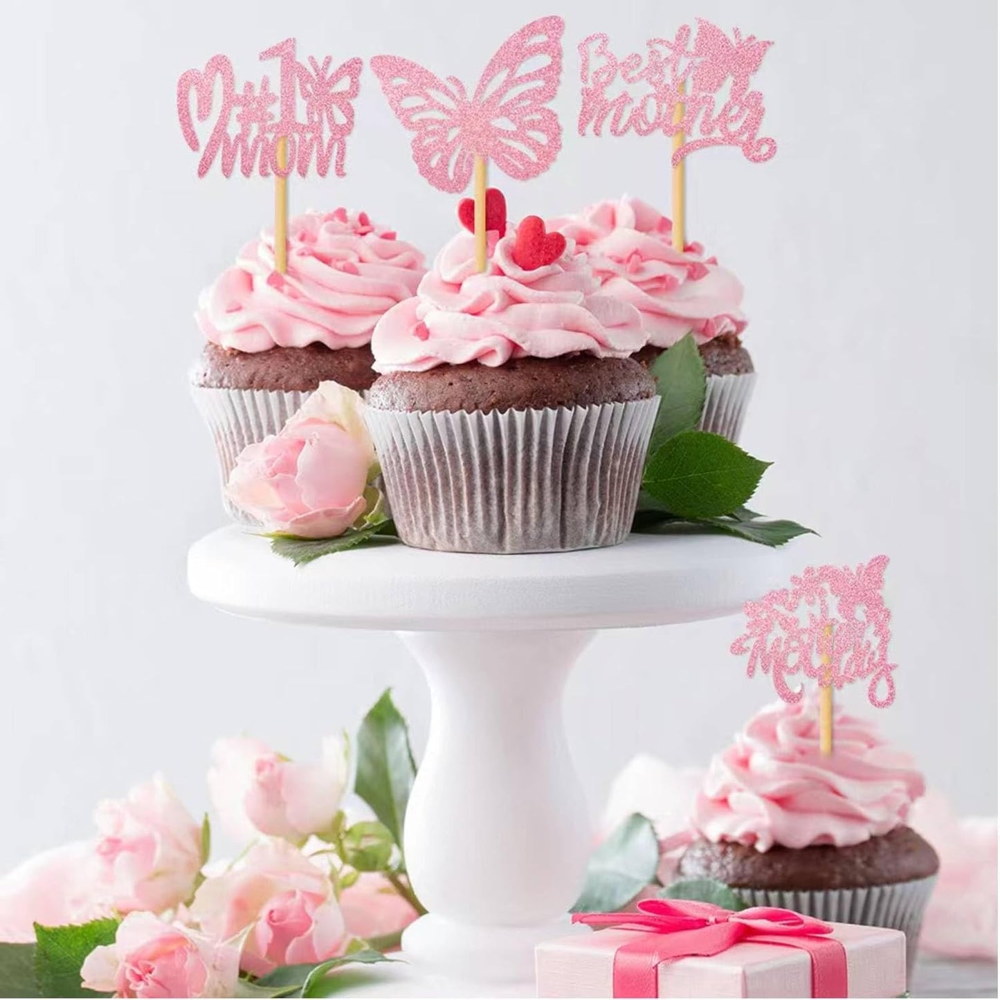 12Pcs Birthday Cupcake Toppers,Pink Glitter Cake Toppers Butterfly Cupcake Picks for Coquette Theme Party Decoration Engagement Wedding Baby Shower Party Cupcake Decor
