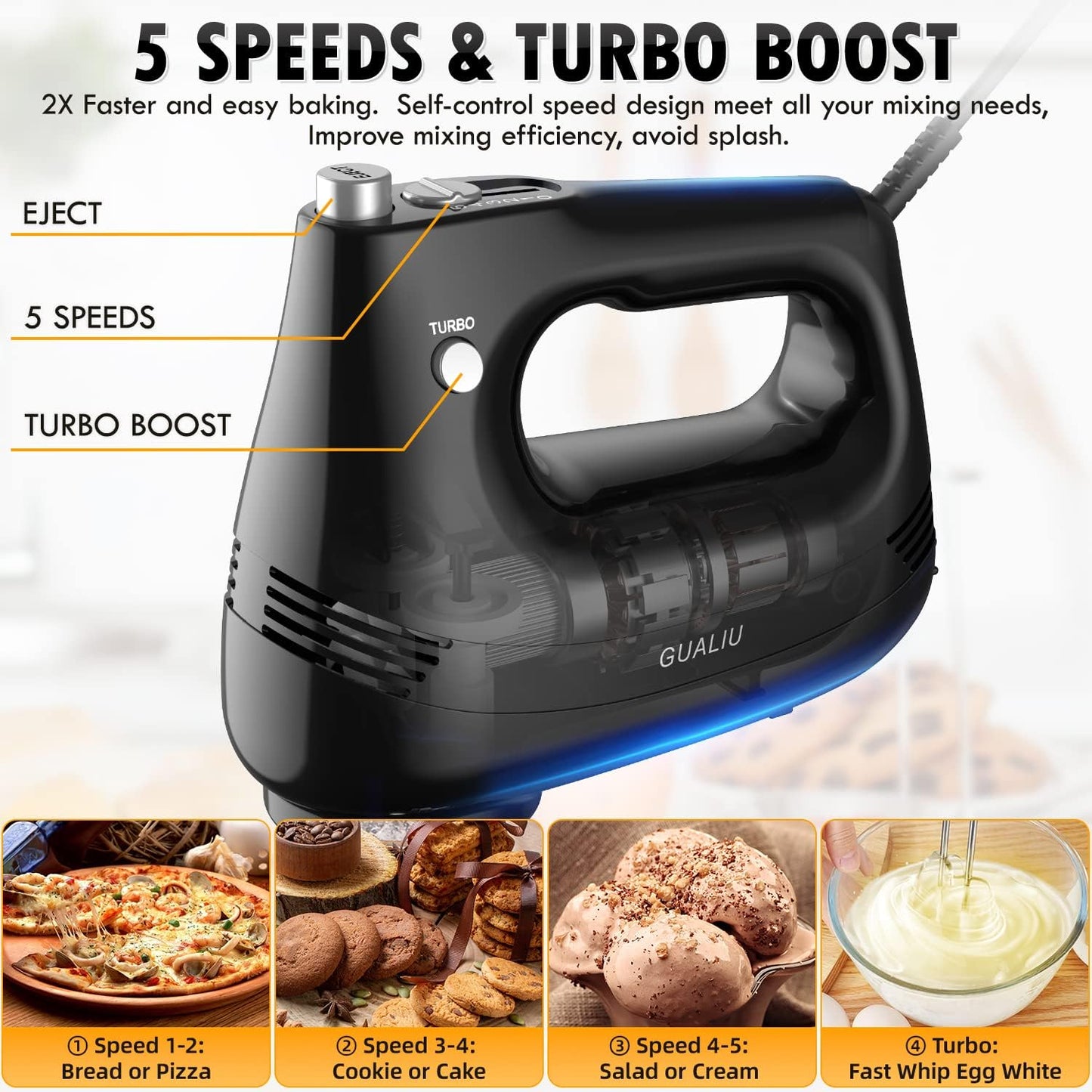 Electric Hand Mixer with Stainless Steel Whisk, Dough Hook Attachment and Storage Bag, Handheld Mixer for Baking Cakes, Eggs, Cream Food Mixers. Turbo Boost /5 Speed Kitchen Blender