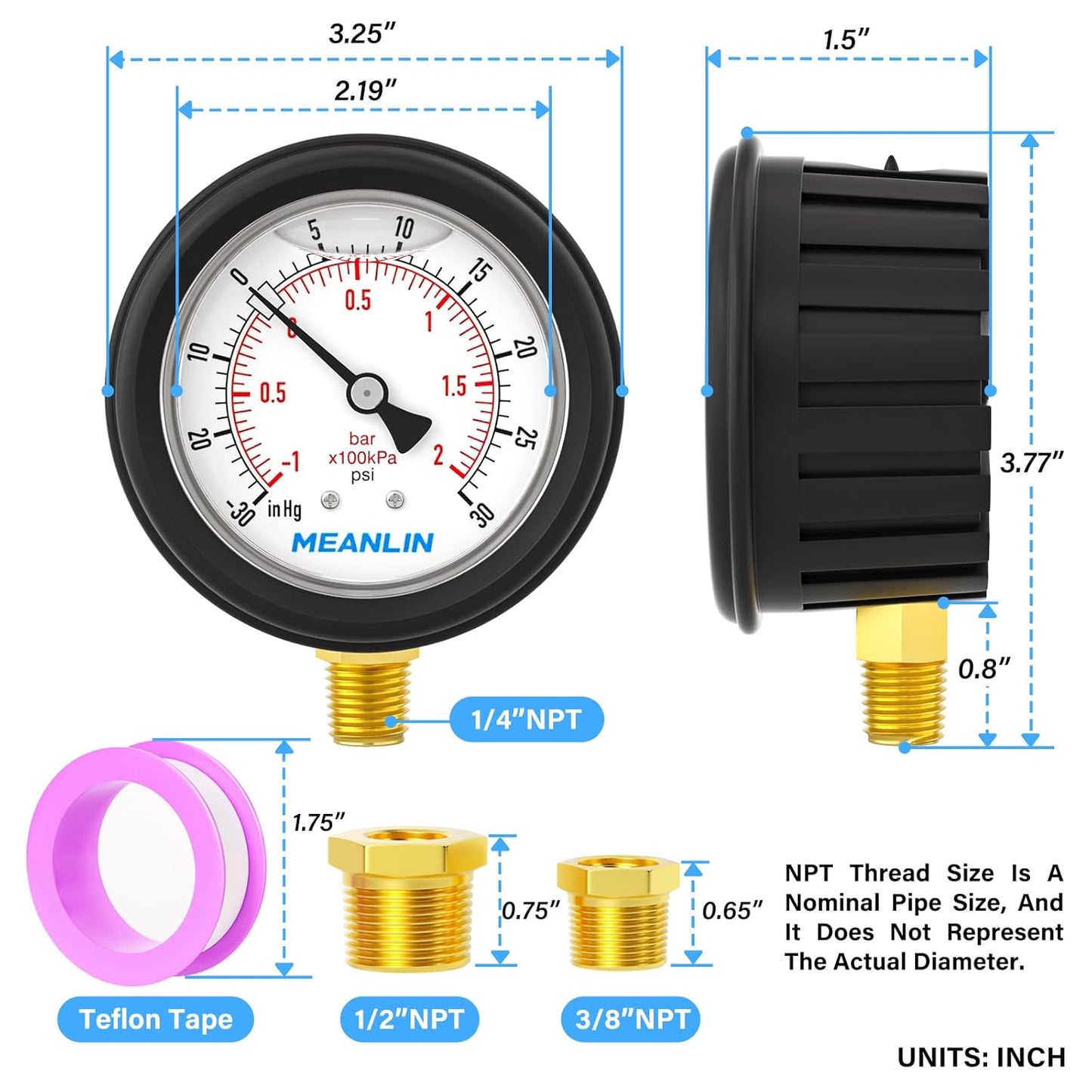 MEANLIN MEASURE -30inHG~30Psi Stainless Steel 1/4" NPT 2.5" FACE DIAL Vacuum Pressure Gauge, Lower Mount (with Rubber Protective Sleeve), with 1/2" NPT and 3/8" NPT Hex Bushing