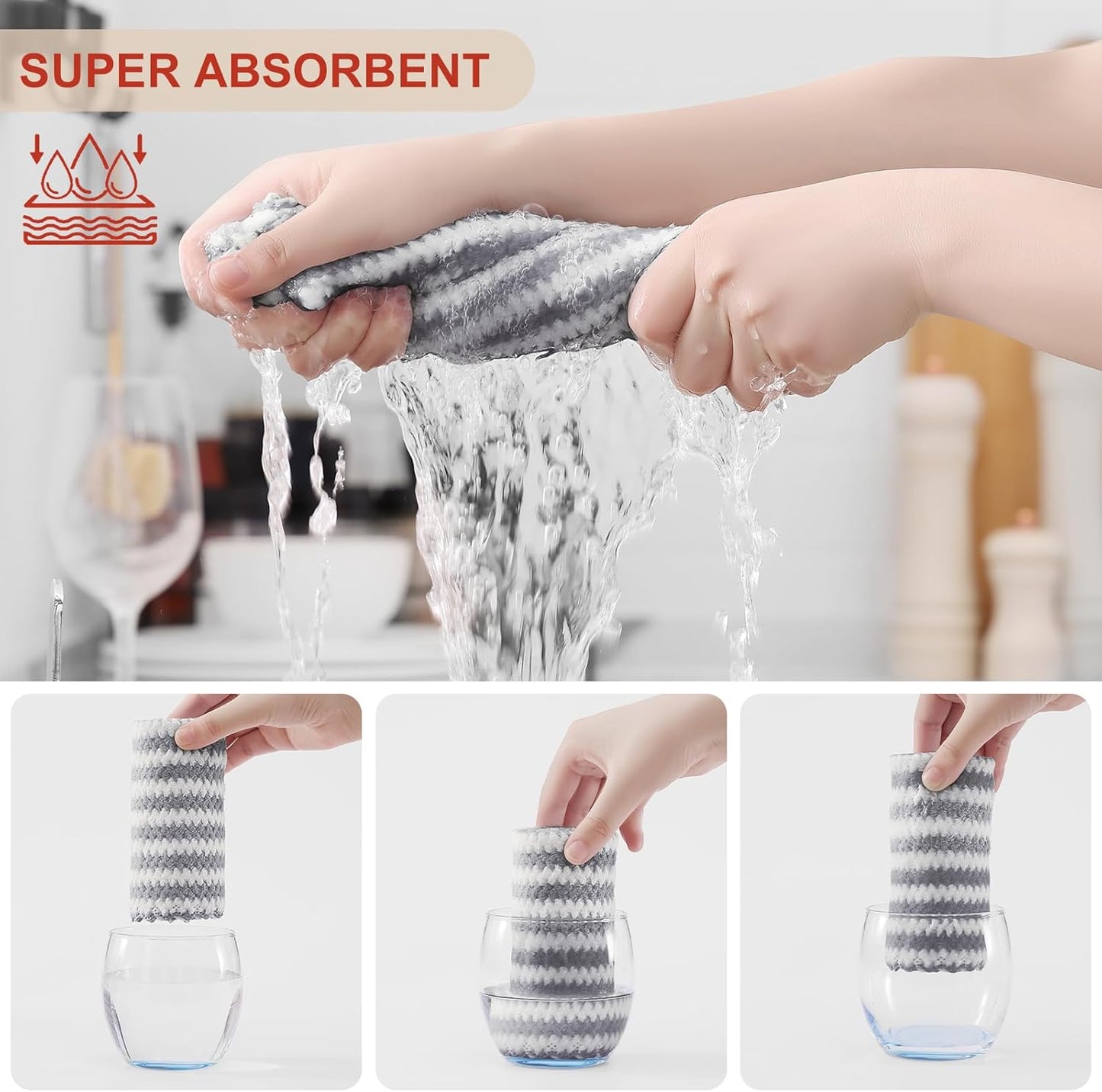 Homaxy Kitchen Towels(12 Pack, 10 x 20 inches), Ultra Soft and Absorbent Dish Towels, Reusable Fast Drying Microfiber Cleaning Cloth, Coral Velvet Wave Design No-lint, Grey