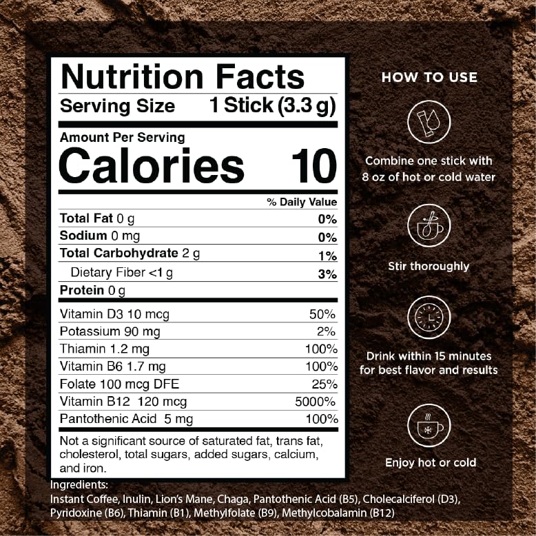 VitaCup Focus Mushroom Coffee Instant Packets, for Memory & Clarity Support, w/Fiber, Chaga, Lion’s Mane, D3, B Vitamins, Medium Roast, 100% Arabica & Robusta Coffee in Single Serve Sticks, 72 Ct