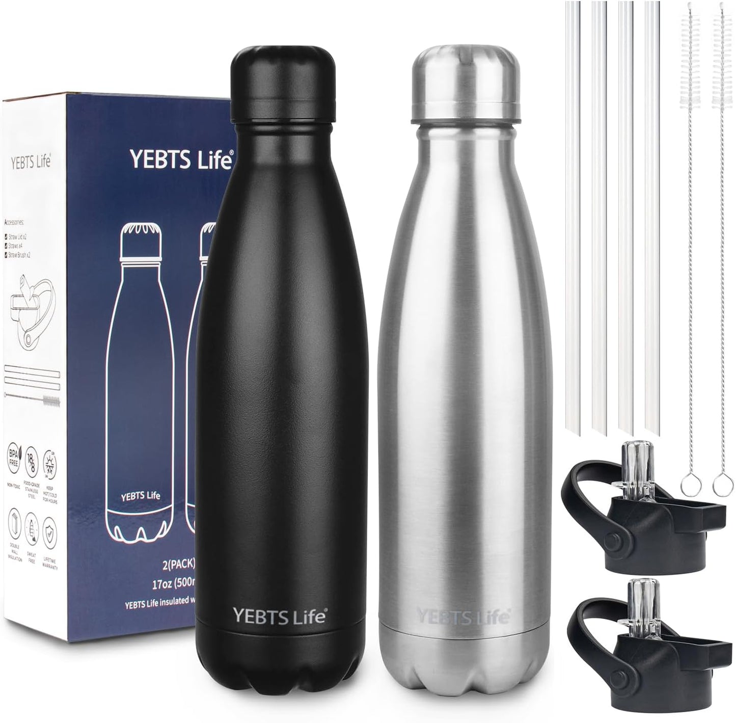 Insulated Water Bottle, 2 Pack-17oz Stainless Steel Water Bottles with straw lid, Metal Sports Water Bottles for Boys,Girls, Double Wall Vacuum BPA-Free Flask for School, Sports(Black-Sliver)