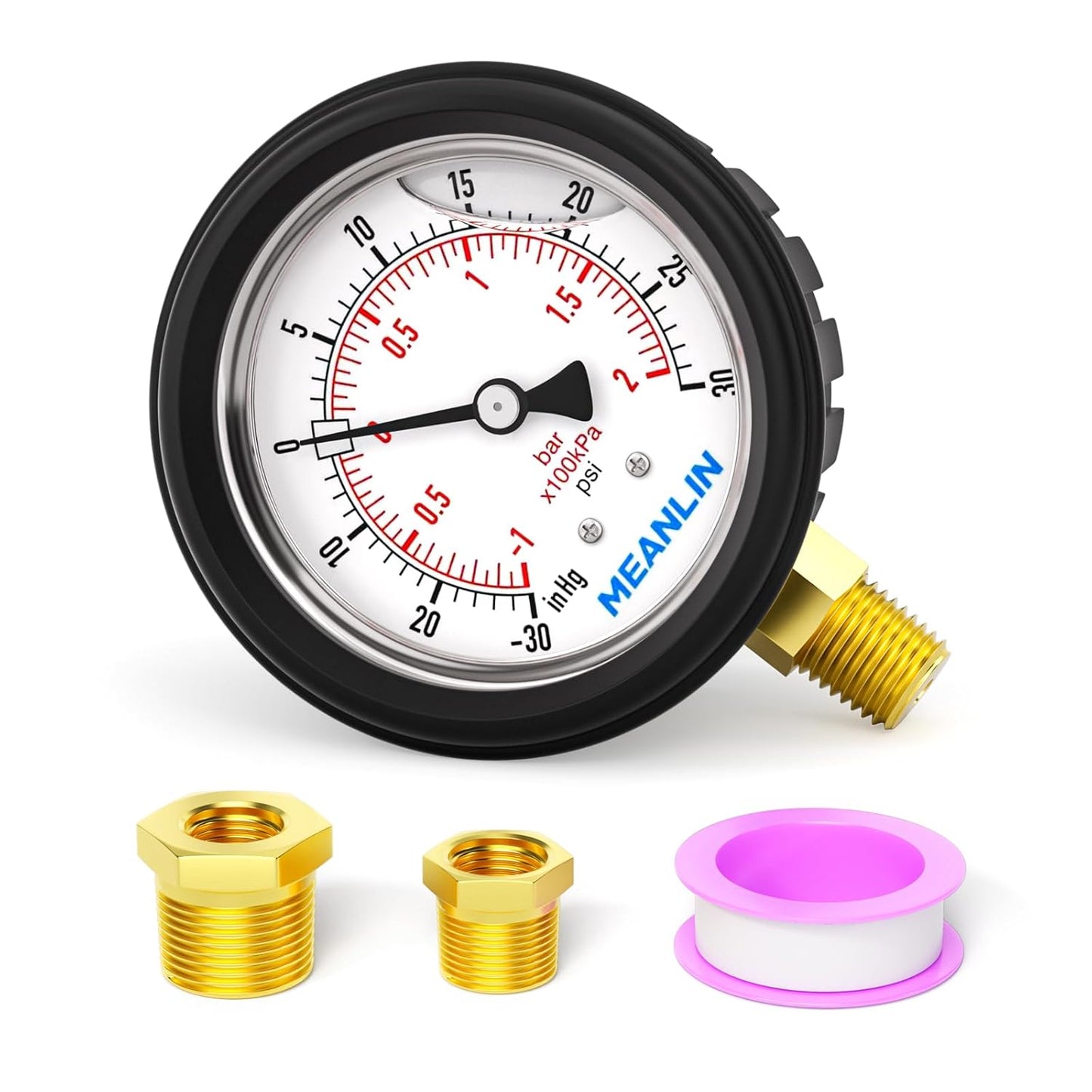 MEANLIN MEASURE -30inHG~30Psi Stainless Steel 1/4" NPT 2.5" FACE DIAL Vacuum Pressure Gauge, Lower Mount (with Rubber Protective Sleeve), with 1/2" NPT and 3/8" NPT Hex Bushing