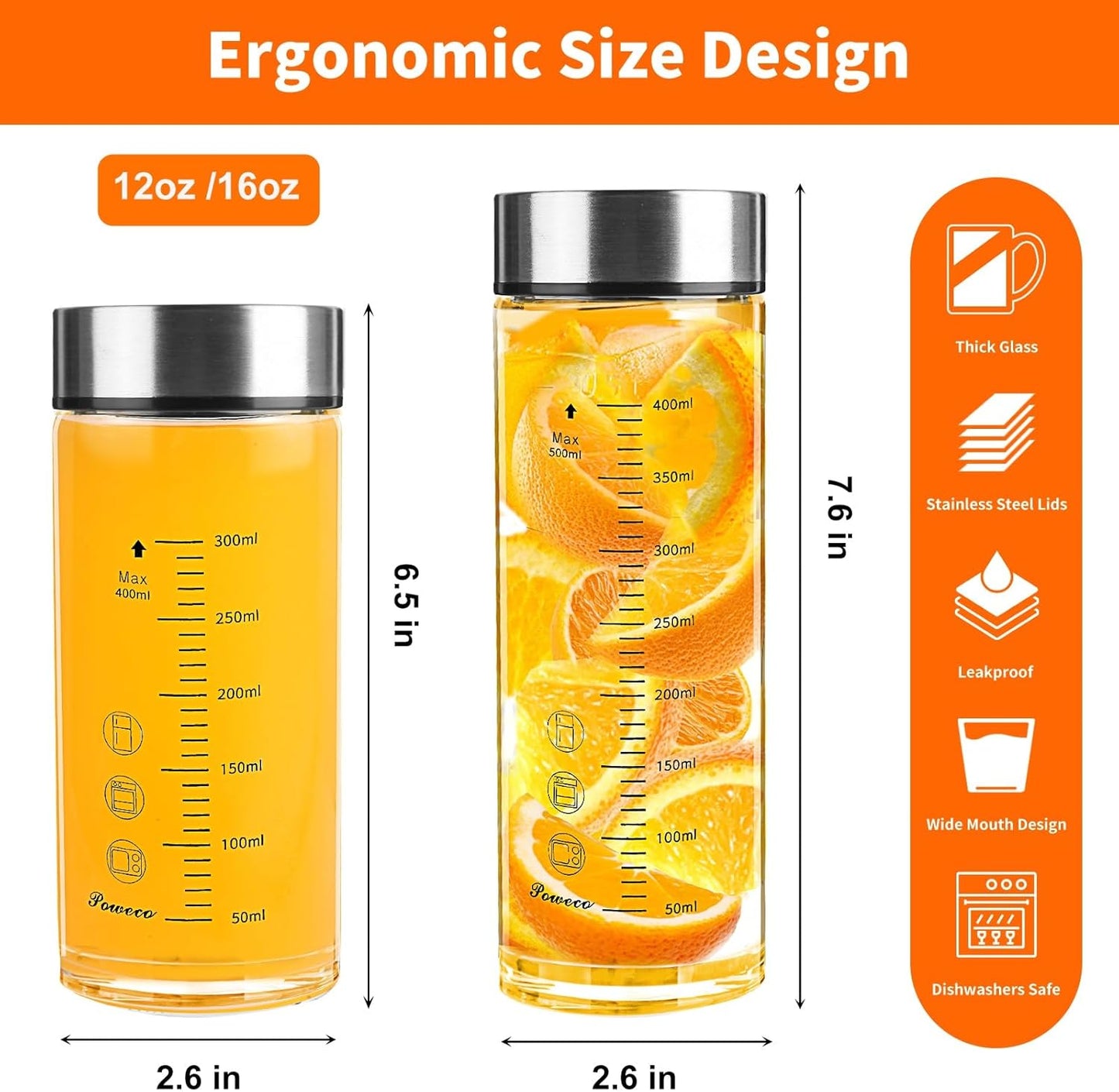 Glass Juice Bottles 4 Pack 16 oz - Wide Mouth Glass Water Bottles with Lids - for Juicing, Protein, Smoothie, Milk, Reusable, BPA Free, Stainless Steel Lids, Blender, Shaker Bottle (16oz/500ml)