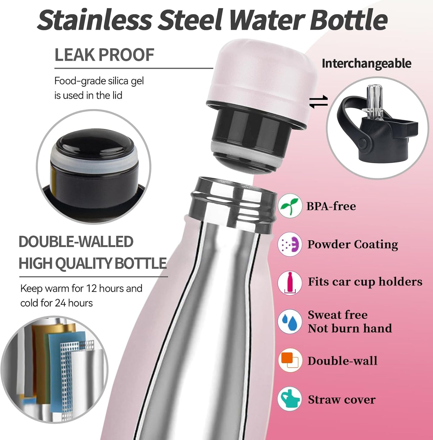 Insulated Water Bottle,2 Pack-17oz Stainless Steel Water Bottles with straw lid,Metal Sports Water Bottles for Boys,Girls,Double Wall Vacuum BPA-Free Flask for Sports (Sunset & Sea)