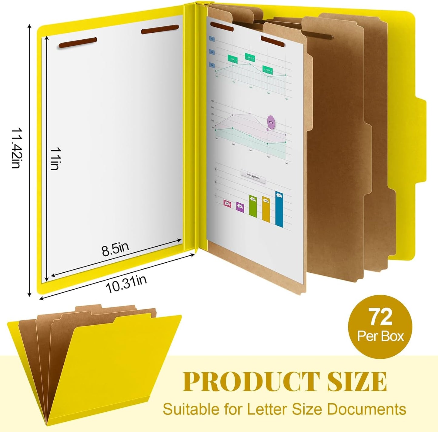 72 Pcs Classification Folders Letter Size, Back to School Supply for Teacher, Student, 3 Dividers Pressboard File Folder Bulk with 2 Fasteners, 3.5 Inch Expanding File Organizer (Yellow)