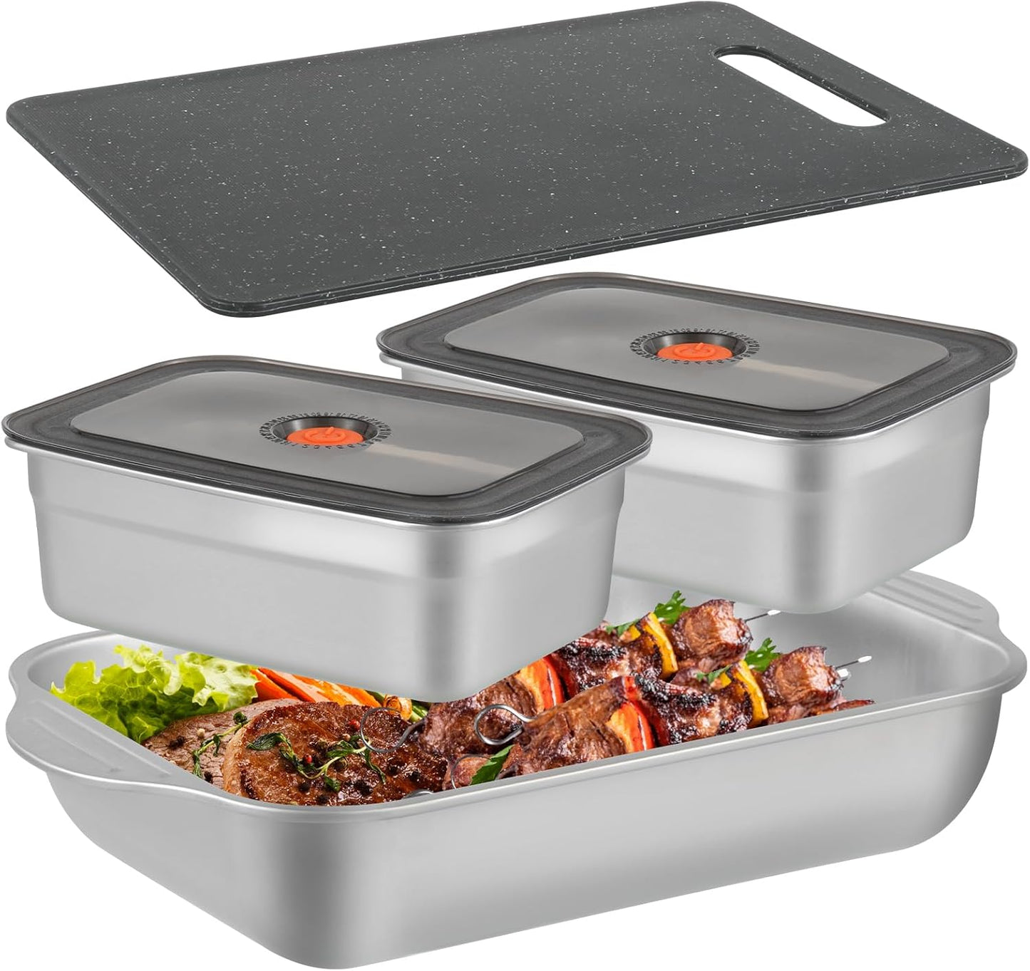 4 Pcs Grill Prep Trays Set Stainless Steel Grilling Prep And Serve Trays 2 Marinade Container with Lids and Cutting Board for Vegetables, Fish, Plating Food & BBQ Prep Tub