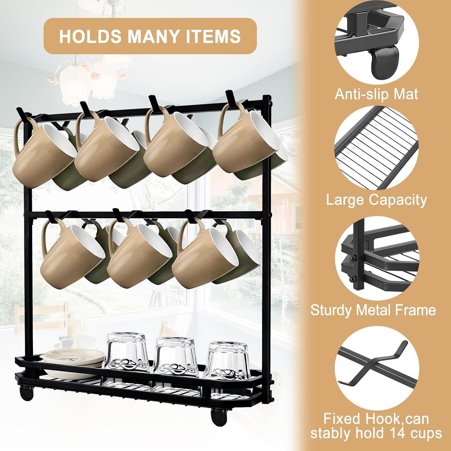 Coffee Mug Holder for Countertop, Coffee Cup Holder Rack with 14 Hooks, Metal Mug Tree Stand with Storage Base for K Cup Coffee Pod Paper Cups Tea Bag - Black