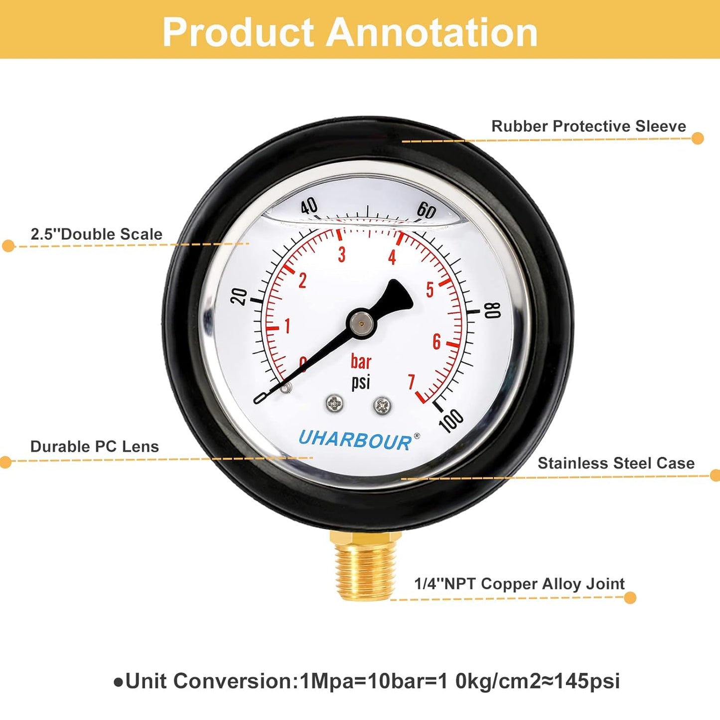 Water Pressure Gauge 2-1/2" Dial Liquid Filled 0-100PSI, Rubber Protective Case, 1/4" NPT Lower Mount, Including 1/4" to 1/8" Thread Adapter and Teflon Tape