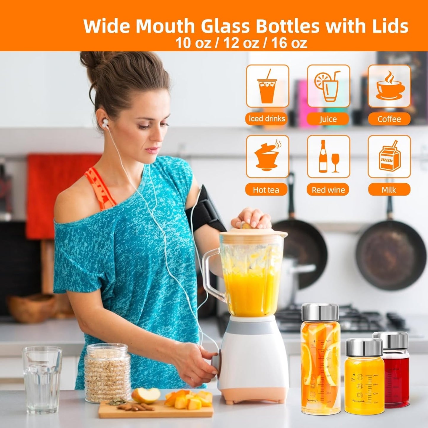 Glass Juice Bottles 20 oz - Wide Mouth Glass Water Bottles with Lids and Sleeve- for Juicing, Smoothies, Milk, Protein, Reusable, Stainless Steel Lids, Leak Proof, Shaker bottle (20oz/600ml)