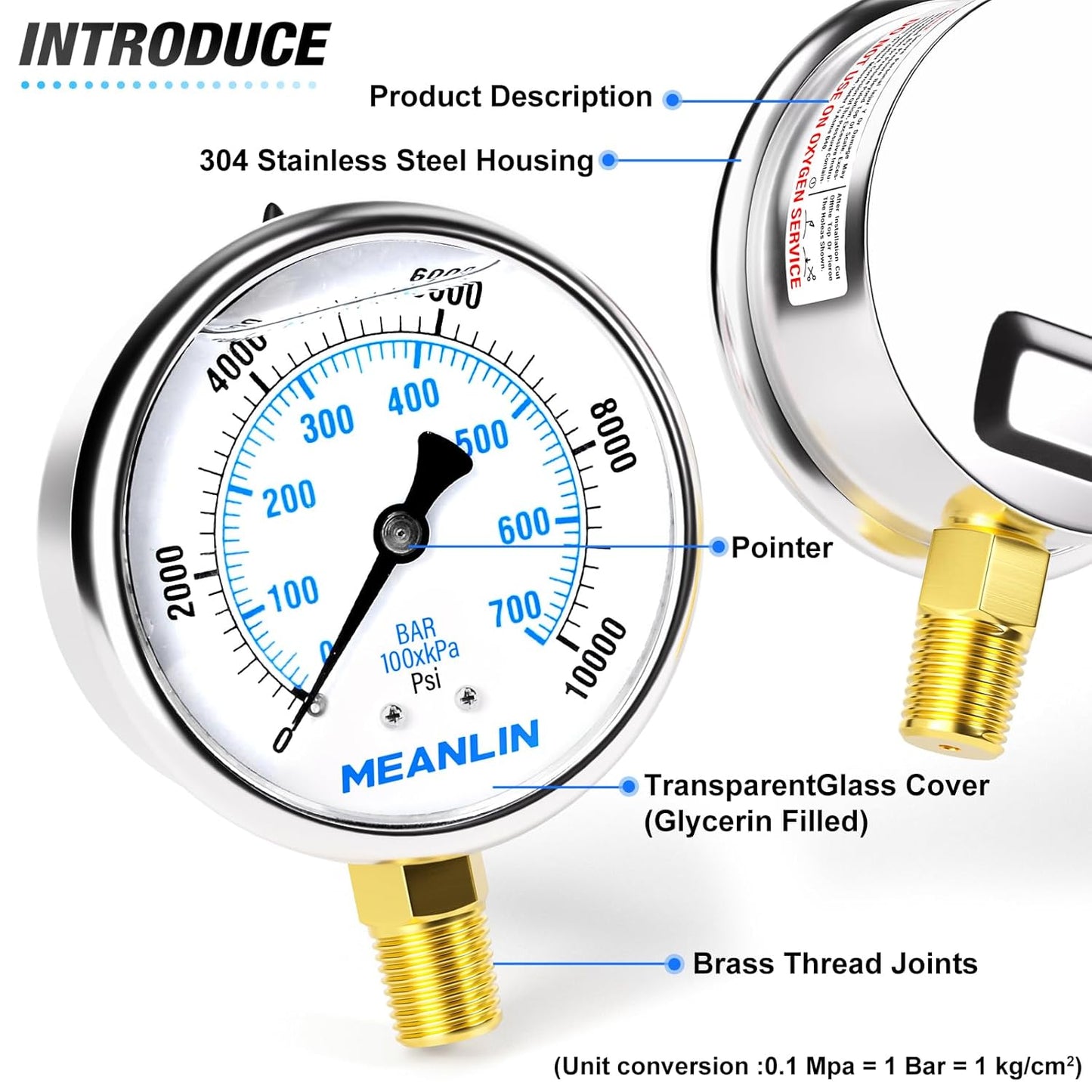 MEANLIN MEASURE 0~10000Psi Stainless Steel 1/4" NPT 2.5" FACE DIAL Liquid Filled Pressure Gauge WOG Water Oil Air Lower Mount, with 1/2" NPT and 3/8" NPT Hex Bushing