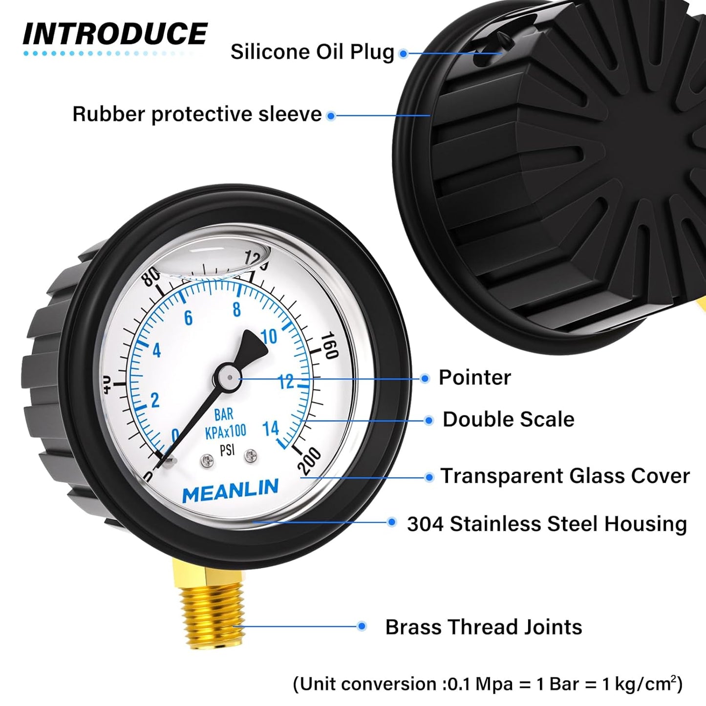 MEANLIN MEASURE 0~200Psi Stainless Steel 1/4" NPT 2.5" FACE DIAL Liquid Filled Pressure Gauge, Lower Mount (with Rubber Protective Sleeve), with 1/2" NPT and 3/8" NPT Hex Bushing