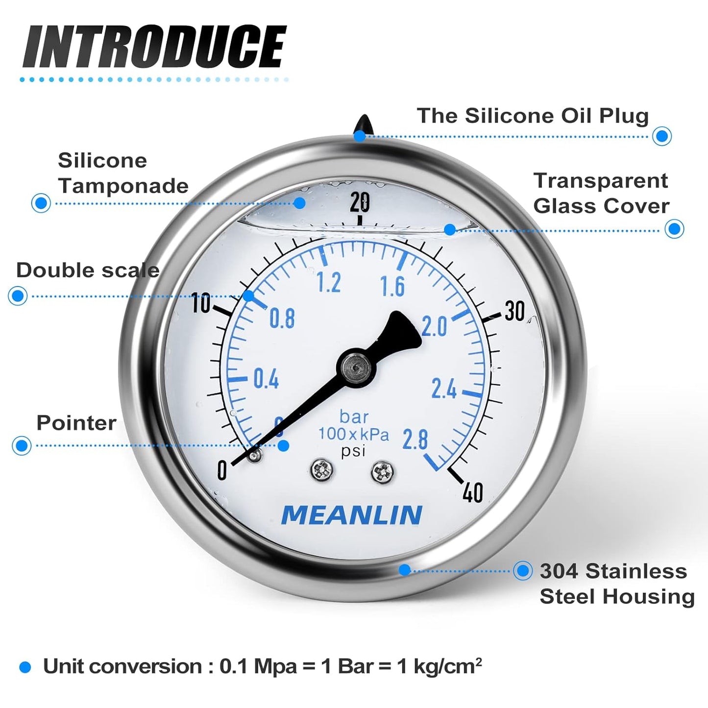 MEANLIN MEASURE 0~40Psi Stainless Steel 1/4" NPT 2.5" FACE DIAL Liquid Filled Pressure Gauge WOG Water Oil Air,Cencter Back Mount, with 1/4" x 1/2" NPT and 1/4" x 3/8" NPT Hex Bushing