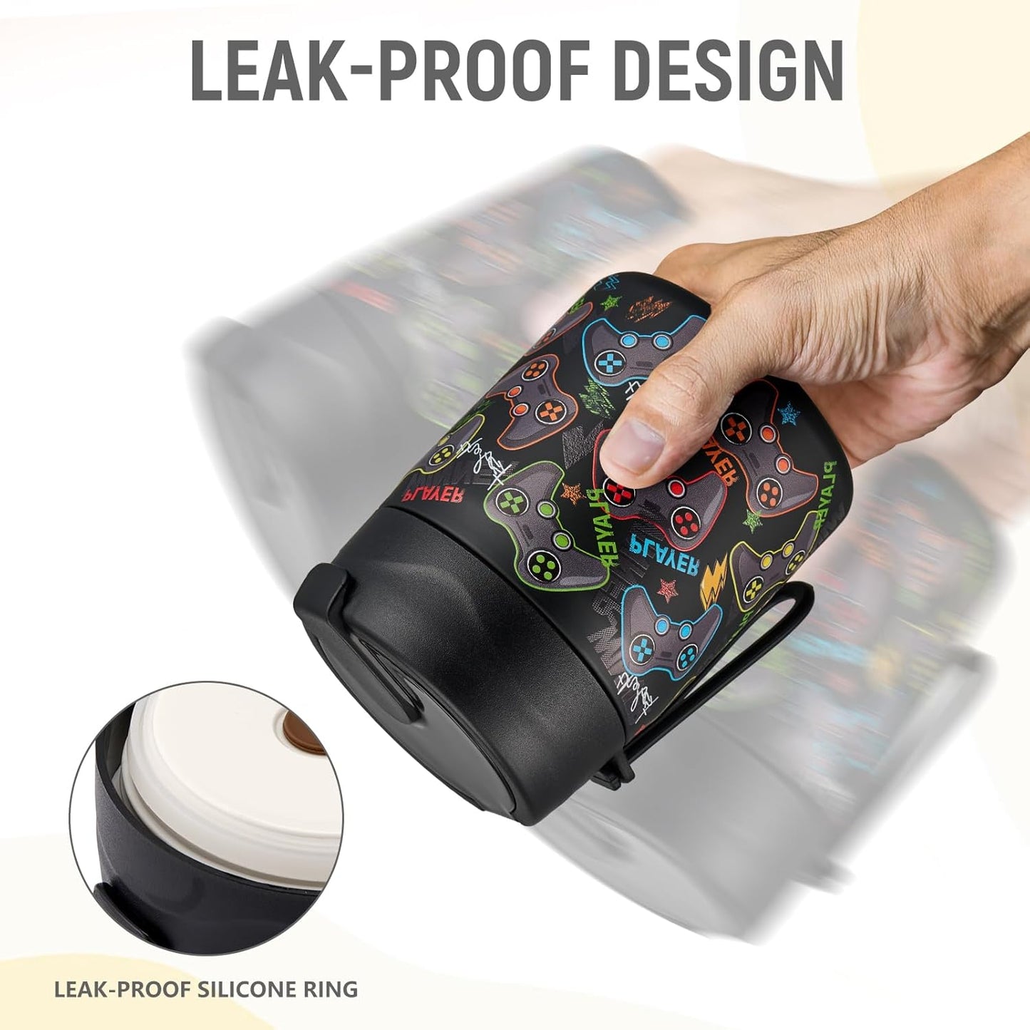 17oz Soup Thermo for Hot Food Kids Insulated Vacuum Food Jar with Stainless Steel Spoon Wide Mouth Thermo Leakproof Lunch Food Container Kids Hot Lunch Box (Black-Game)