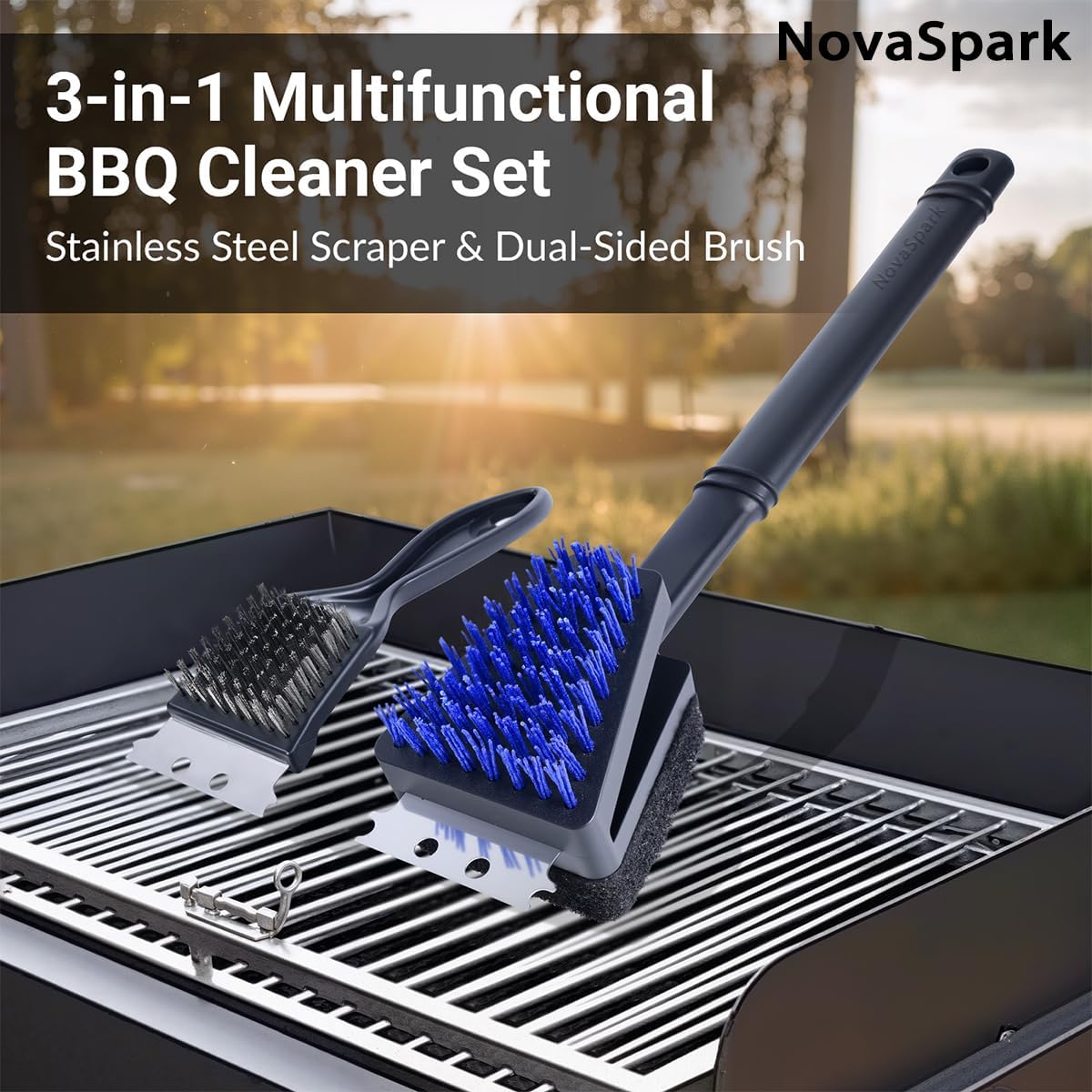 Nylon Grill Brush No Wire Bristle Barbecue Brush Grill Cleaning Kit, Safe Grill Scraper Brush for Outdoor Grill Cleaner with Hole, BBQ Brush Accessories Clean Cool Grates, Gift for Men/Dad 2-Piece Set