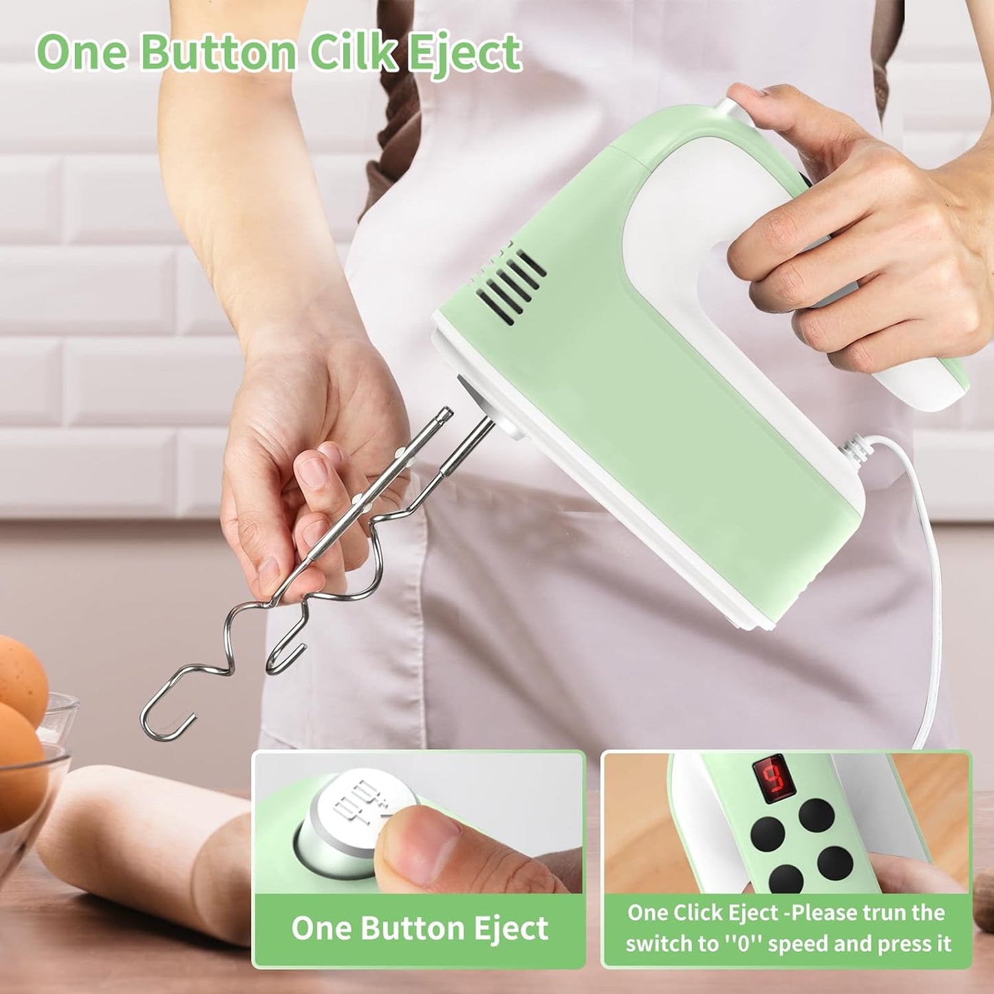 CBQ Hand Mixer Electric, 9 Speed 400W Handheld Mixer with Digital, Touch Button, Turbo, Snop-On Storage Case, 5 Stainless Steel Accessories, Mixer Electric Handheld for Cake, Cookie, Egg (Grass Green)
