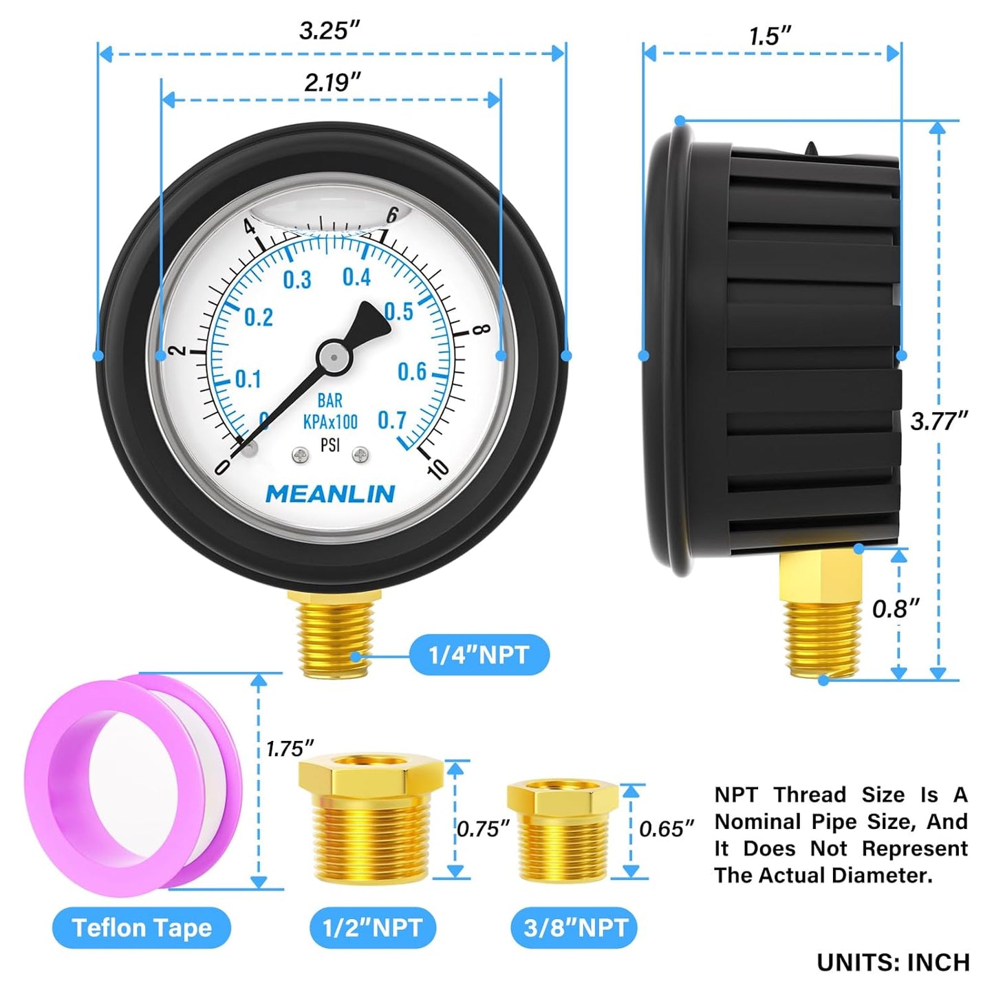 MEANLIN MEASURE 0~10Psi Stainless Steel 1/4" NPT 2.5" FACE DIAL Liquid Filled Pressure Gauge, Lower Mount (with Rubber Protective Sleeve), with 1/2" NPT and 3/8" NPT Hex Bushing