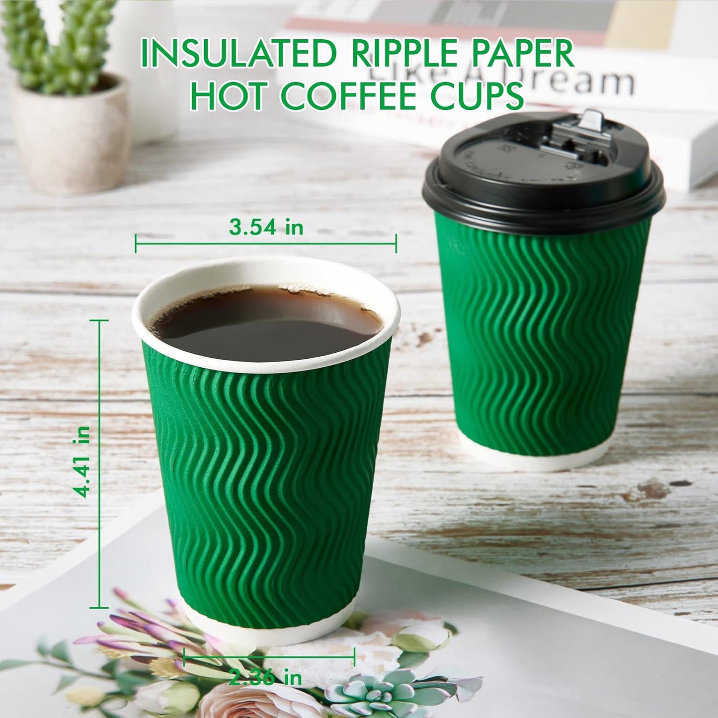 100 Count 12 OZ Coffee Cups with Lids, Insulated Ripple Wall Paper Hot Coffee Paper Cups for Hot Drinks
