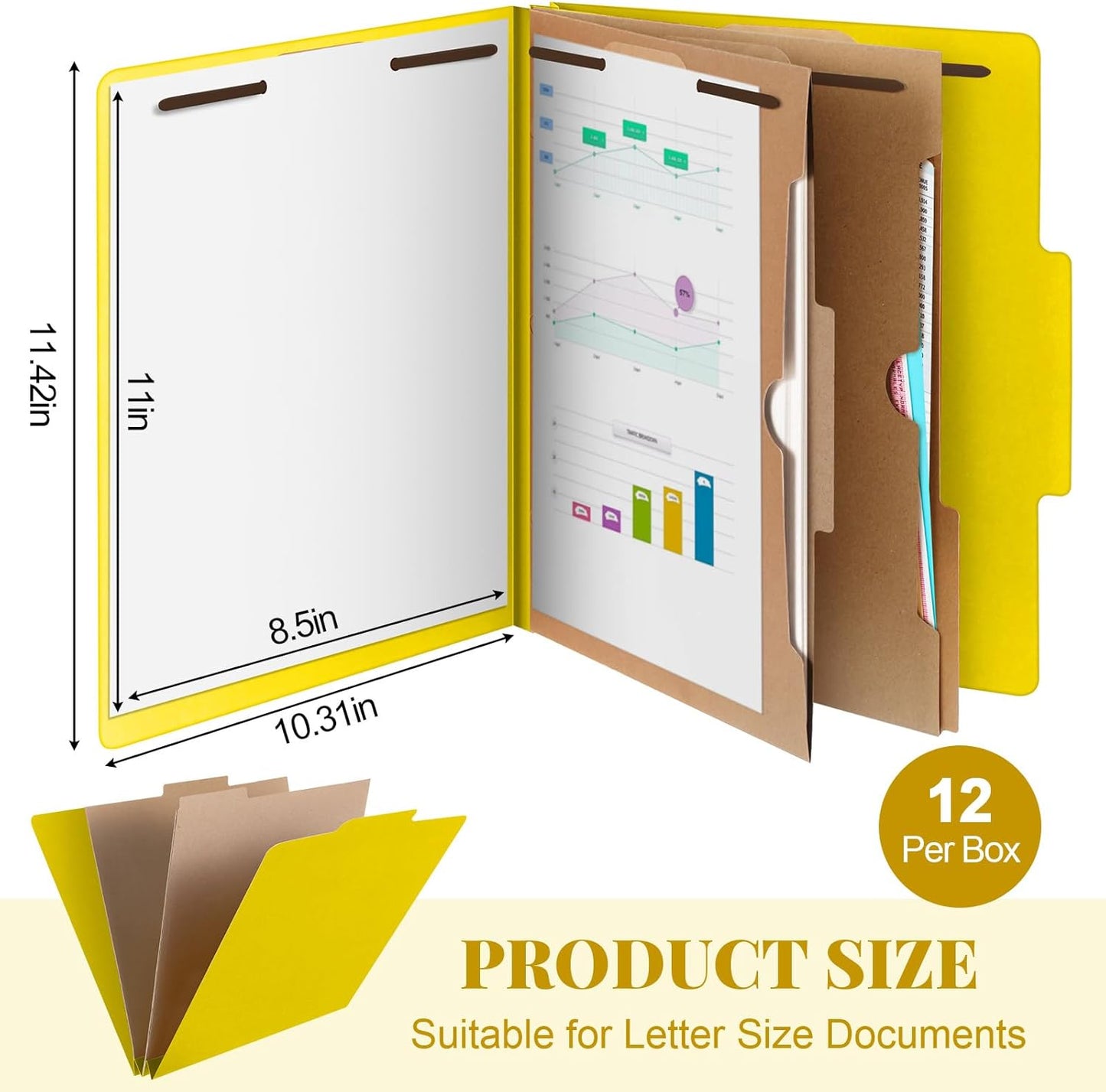 12 Pcs Classification Folders Letter Size, Back to School Supply for Teacher, Student, 2 Pocket Dividers Pressboard File Folder Bulk with 2 Fasteners, 2 in Expanding File Organizer (Yellow)