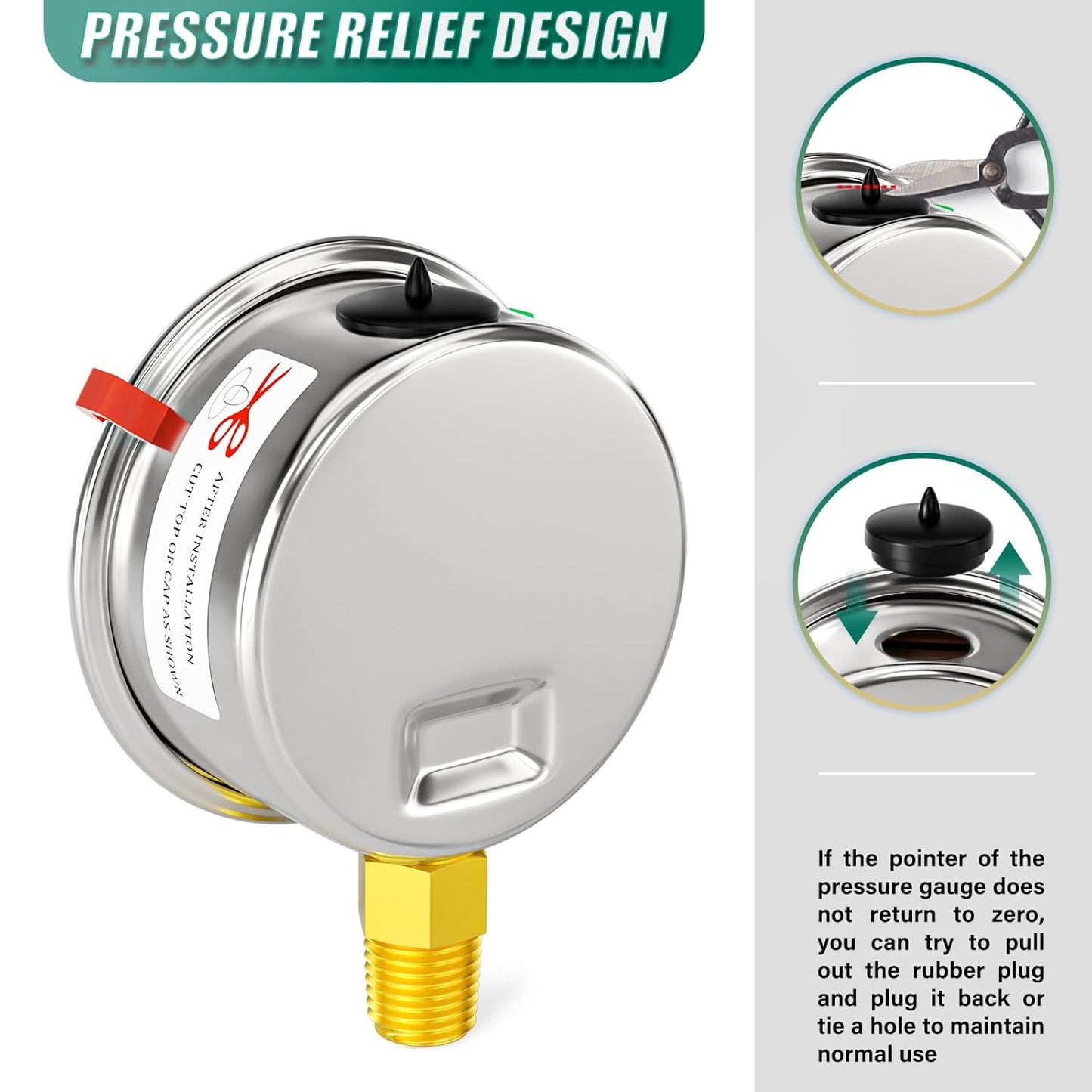 0-60psi Stainless Steel 1/4" NPT 2.5" Dial, Glycerin Liquid Filled Pressure Gauge Lower Mount for Pressure Testing of Water, Oil and Air (with Range Mark Pointer)