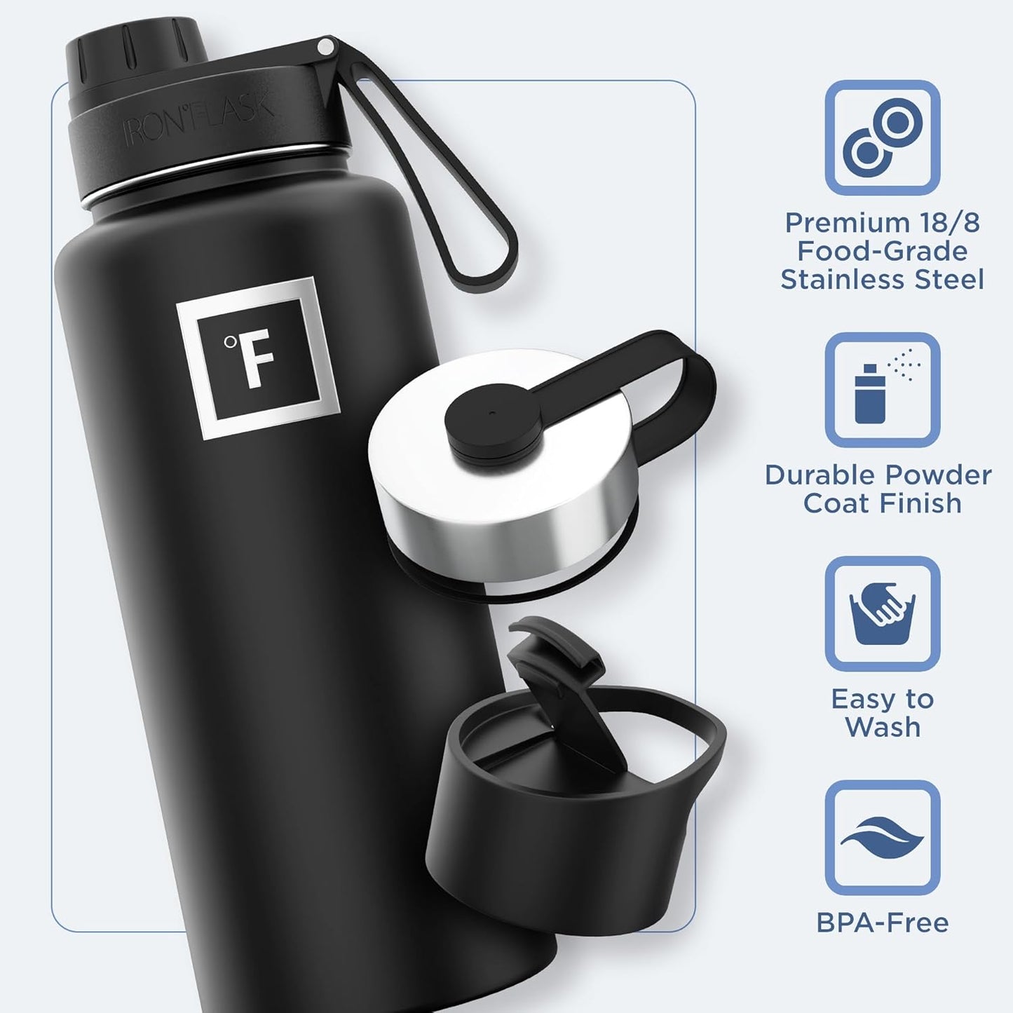 IRON °FLASK Camping & Hiking Hydration Flask with 3 Lids - Stainless Steel, Double Walled & Vacuum Insulated Water Bottle - Leak Proof & BPA Free (Twilight Blue, Spout - 32 oz)