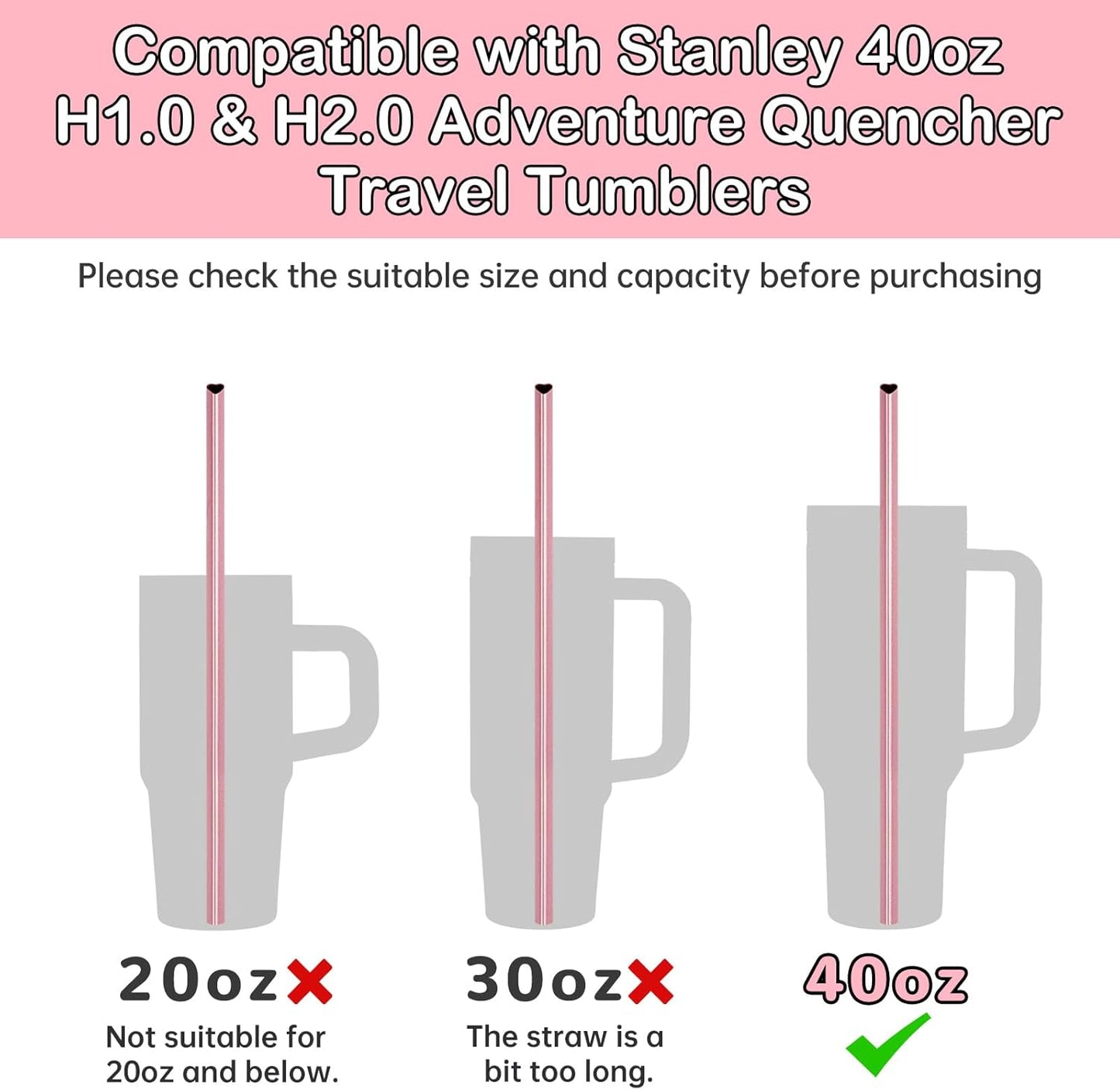 NiHome 12-Inch Heart-Shaped Stainless Steel Drinking Straws for Stanley Tumbler 40oz 10-Pack with 2 Cleaning Brushes, Reusable for Hot & Cold Drinks, Dishwasher Safe, Safe Edges for Kids (Pearl Pink)
