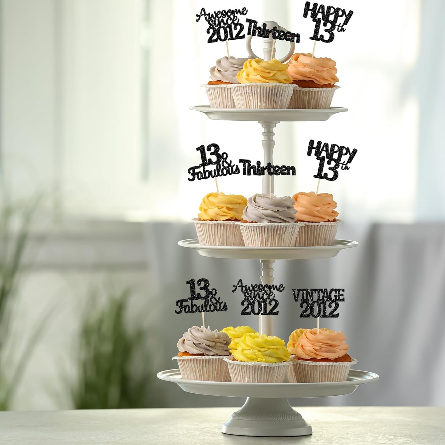 Gyufise 30Pcs Vintage 2012 Cupcake Toppers Glitter Thirteen Happy 13th Cupcake Picks Happy 13th Birthday Cake Decorations for Happy 13th Birthday Anniversary Party Supplies Black