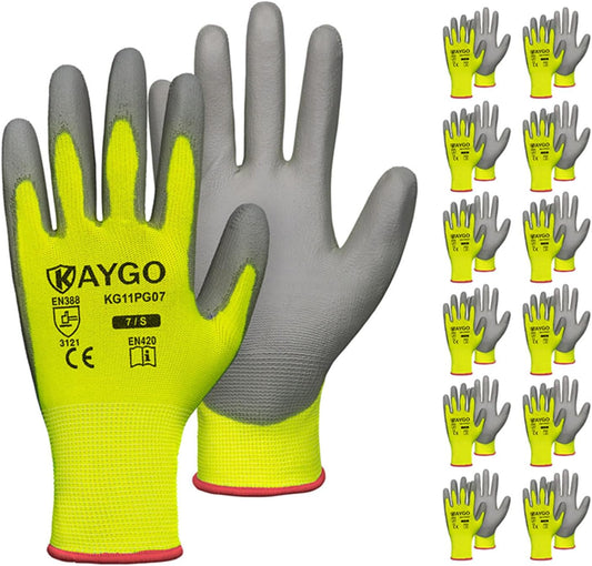KAYGO Safety Work Gloves PU Coated-12 Pairs, KG11PB, Seamless Knit Glove with Polyurethane Coated Smooth Grip on Palm&Fingers, for Men and Women, Ideal for General Duty Work (Small, Green)