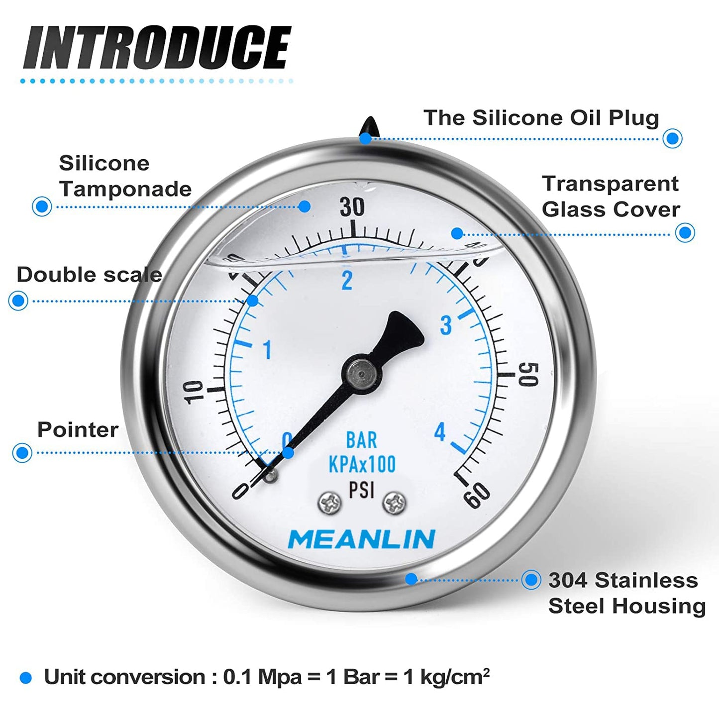 MEANLIN MEASURE 0~60Psi Stainless Steel 1/4" NPT 2.5" FACE DIAL,Liquid Filled Pressure Gauge,Pool Sand Filter Pressure Test Back Mount(Pack of 2) with 1/4" x 1/2" NPT and 1/4" x 3/8" NPT Hex Bushing