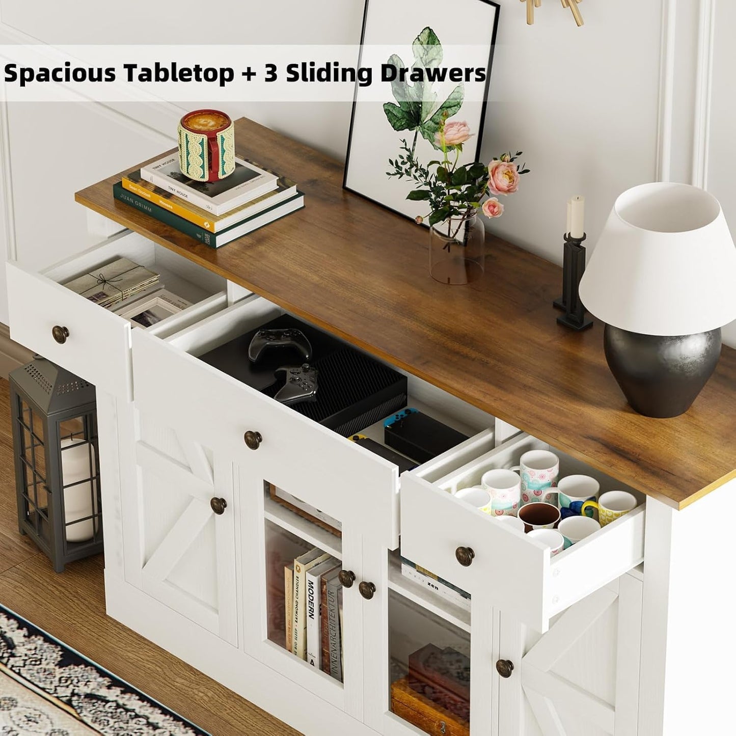 4 EVER WINNER 55" Buffet Cabinet with Storage, Farmhouse Coffee Bar Cabinet with Glass Doors and Drawers, Sideboard Cabinets with Adjustable Shelves for Living Room, Kitchen, White