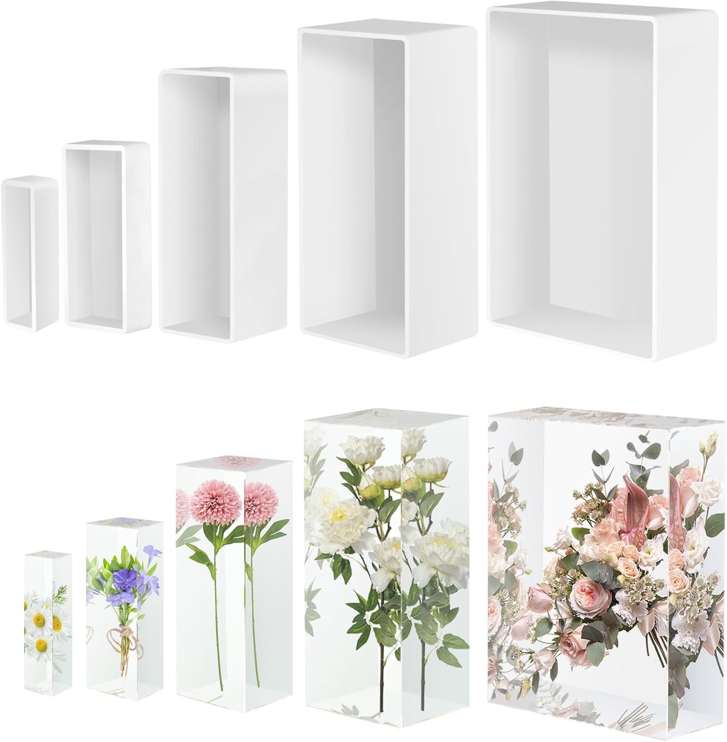 Large Resin Molds, Rectangle Silicone Molds for Epoxy Resin, 5 PCS Cuboid Resin Moulds with Wooden Support, Deep Casting Molds for Preserving Flowers, Insect Specimens, DIY Gifts, Furniture Decoration