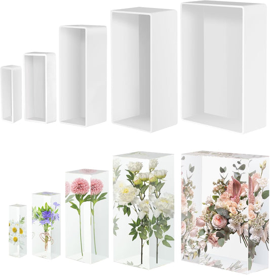 Large Resin Molds, Rectangle Silicone Molds for Epoxy Resin, 5 PCS Cuboid Resin Moulds with Wooden Support, Deep Casting Molds for Preserving Flowers, Insect Specimens, DIY Gifts, Furniture Decoration