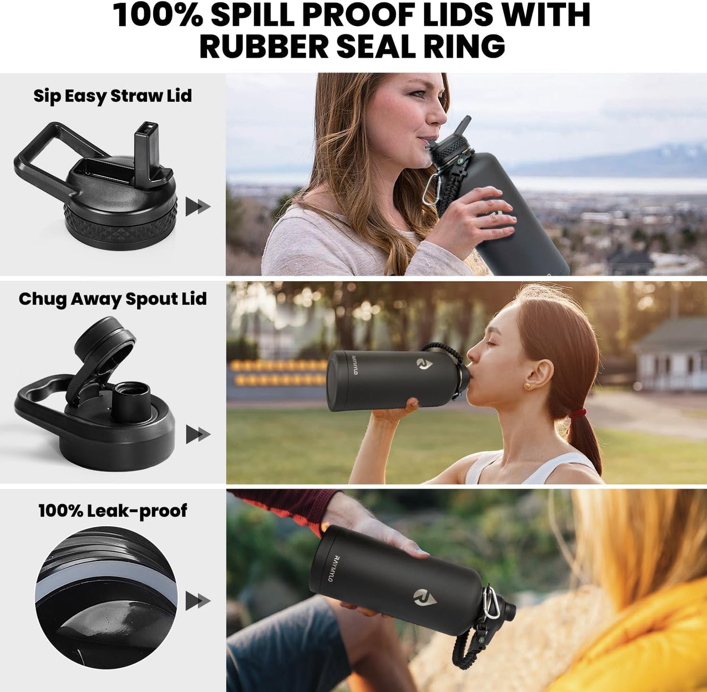 Insulated Water Bottle 87 oz, Triple Wall Vacuum Stainless Steel (Cold for 48 Hrs), Leak Proof & Non-BPA, Modern Water Flask Jug with Paracord Handle & Straw Spout Lids, Magic Black