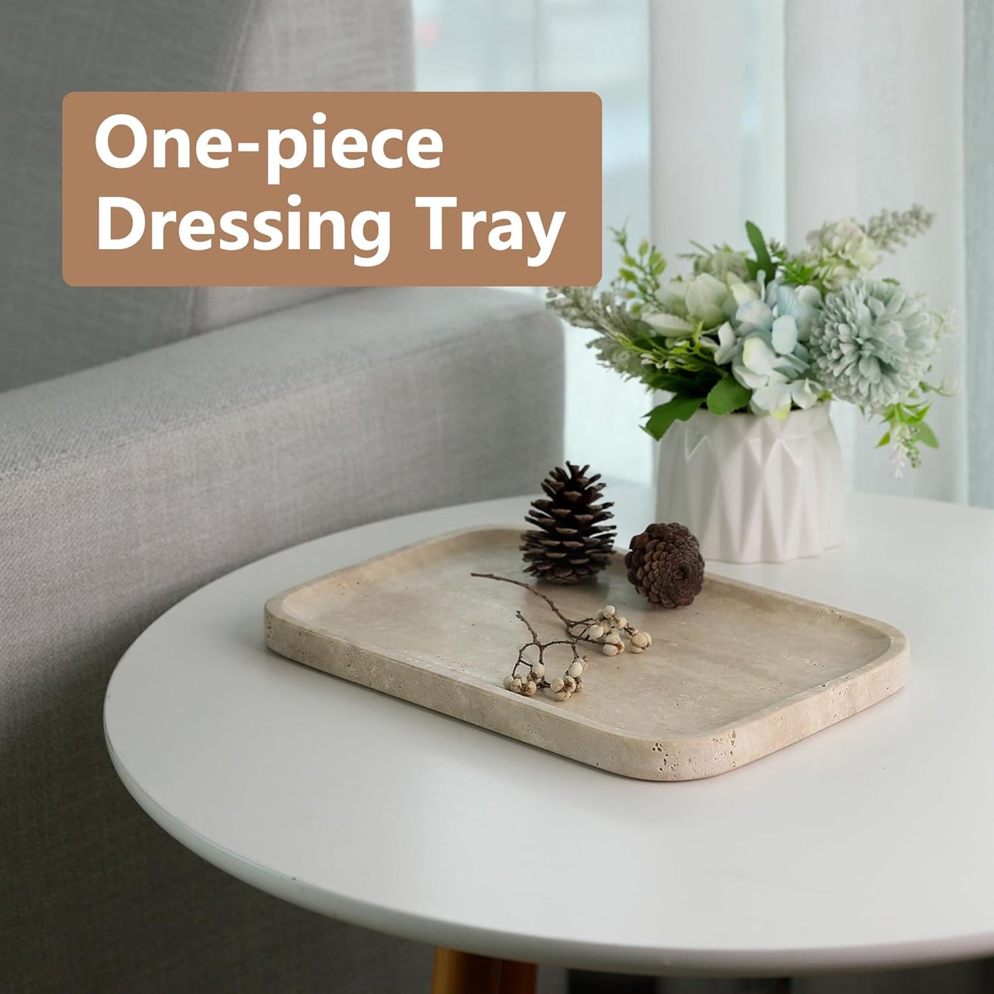 Marble Vanity Tray for Dresser Organizer, Travertine Bathroom Tray Countertop, Beige Decorative Serving Trays, Kitchen Sink Storage, Jewelry & Perfume Holder(Travertino Romano)