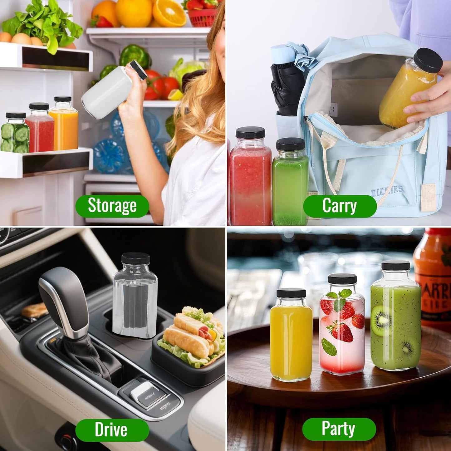 BIGIVACA 8 oz Glass Juice Bottles with Lids,12 PACK Bottles for Juicing,Square Drinking Jars Glass for Coffee,Cola,Milk,Tea in Travel,Work,School