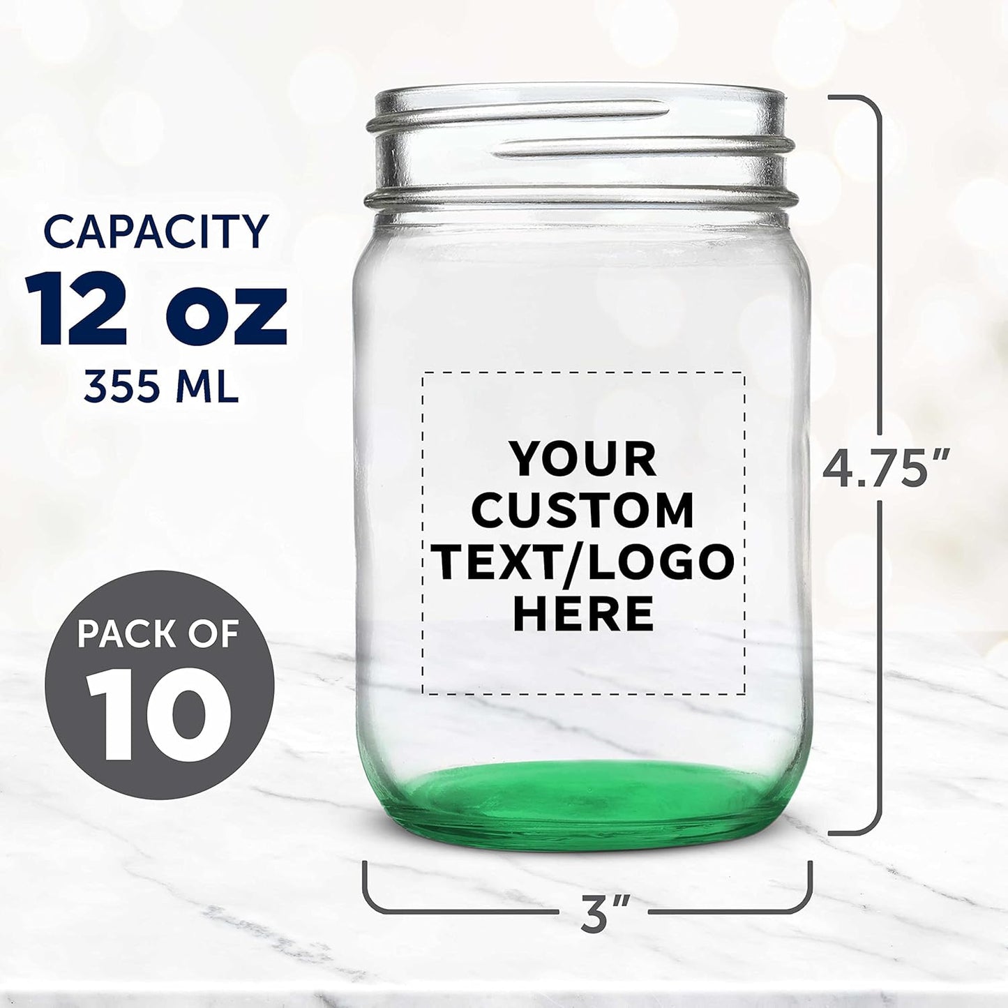 DISCOUNT PROMOS Custom Decorating Mason Jars 12 oz. Set of 10, Personalized Bulk Pack - Glass Jars for Overnight Oats, Candies, Fruits, Pickles, Spices, Beverages - Green