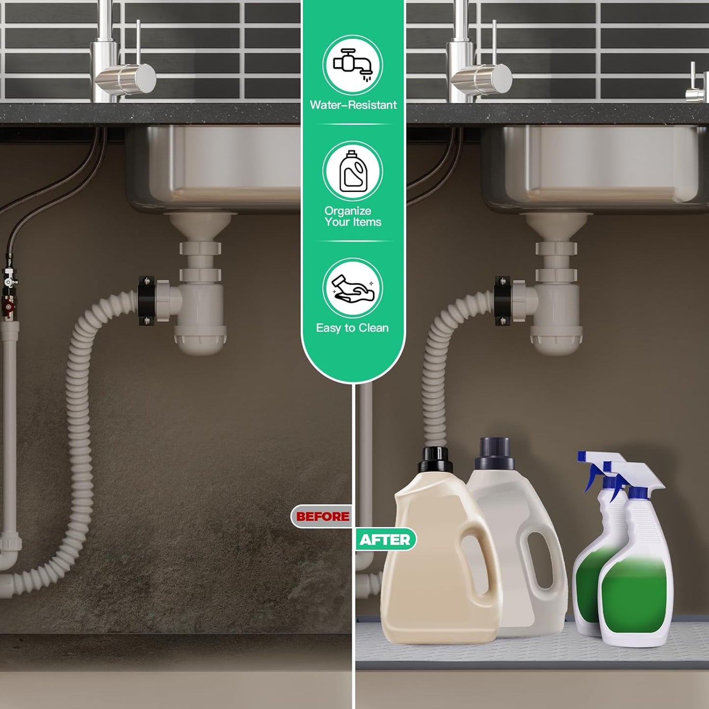 TRZZ Silicone Waterproof Under Sink Mat 22" x 19", Drip Tray and Cabinet Liner for Kitchen and Bathroom, Prevents Water Damage and Organizes Cabinets (Grey)