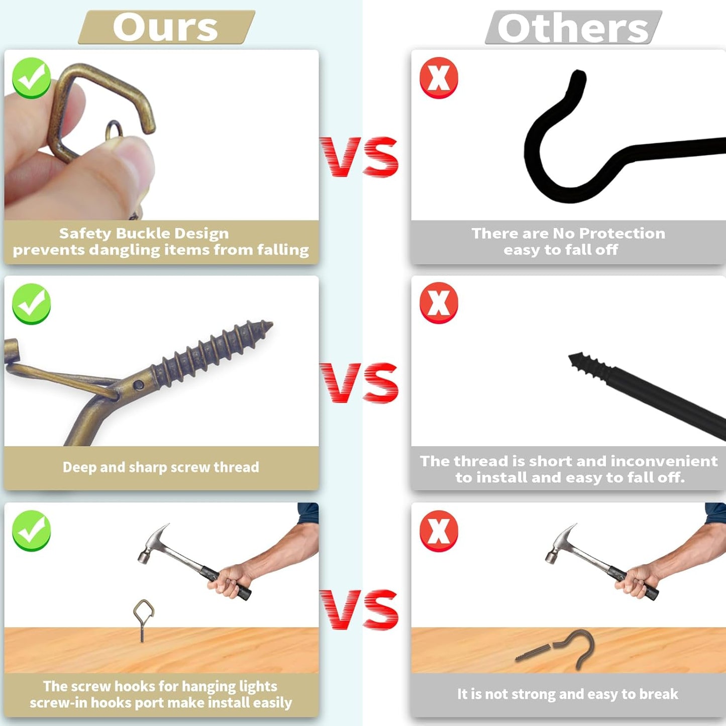 50 PCS Bronze Eye Screw Hooks for Hanging Heavy Duty with Safety Buckle.Metal Ceiling Hooks for Hanging Plants Cup Wind Chime Bird Feeders Patio Lights at Indoor&Outdoor