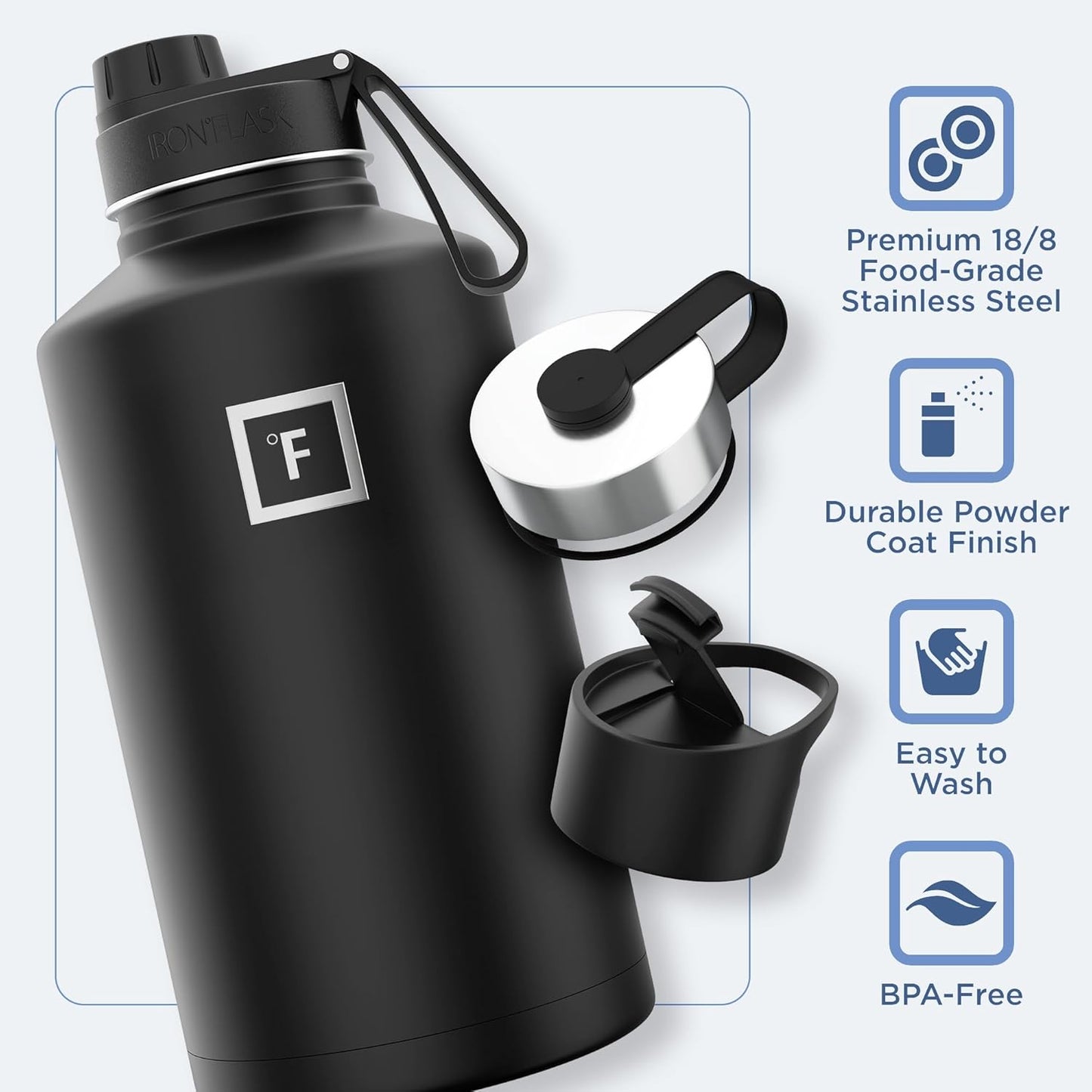 IRON °FLASK Camping & Hiking Hydration Flask with 3 Lids - Stainless Steel, Double Walled & Vacuum Insulated Water Bottle - Leak Proof & BPA Free (Day & Night, Spout - 64 oz)