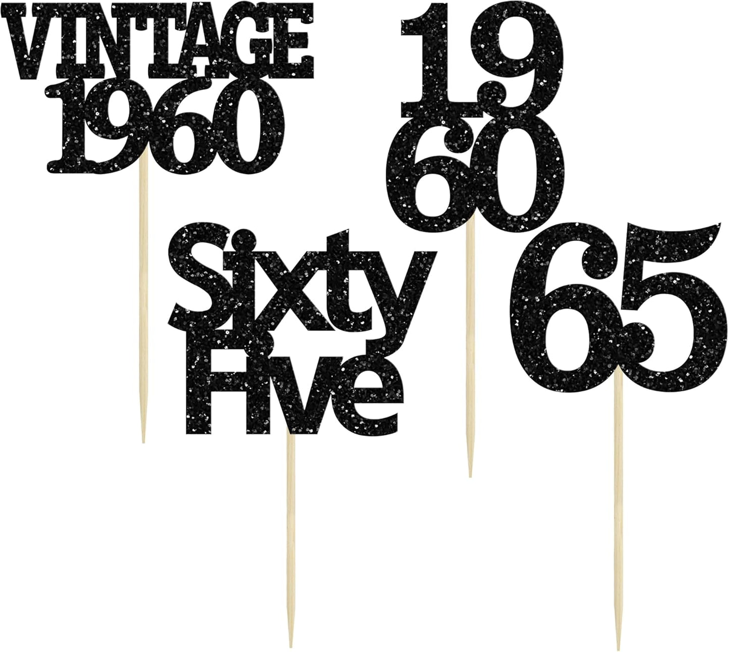 Gyufise 24Pcs Vintage 1960 Cupcake Toppers Glitter Cheers to 65 Fabulous Sixty Five Cupcake Picks 65th Birthday Wedding Anniversary Party Cake Decorations Supplies Black
