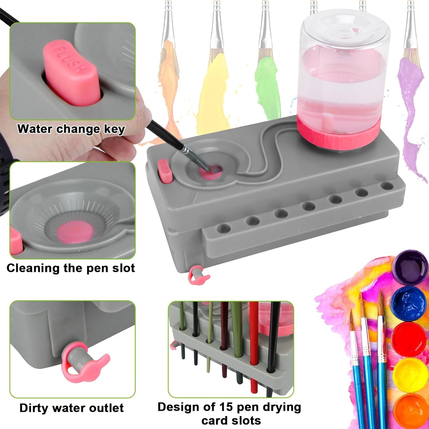 Brush Rinser Set Paint Cleaning Tools Makeup Brush Cleaner Machine, Paint Brush Cleaner Brush Rinser Running Water Circulation Paint Brush Cleaner (Grey Pink)